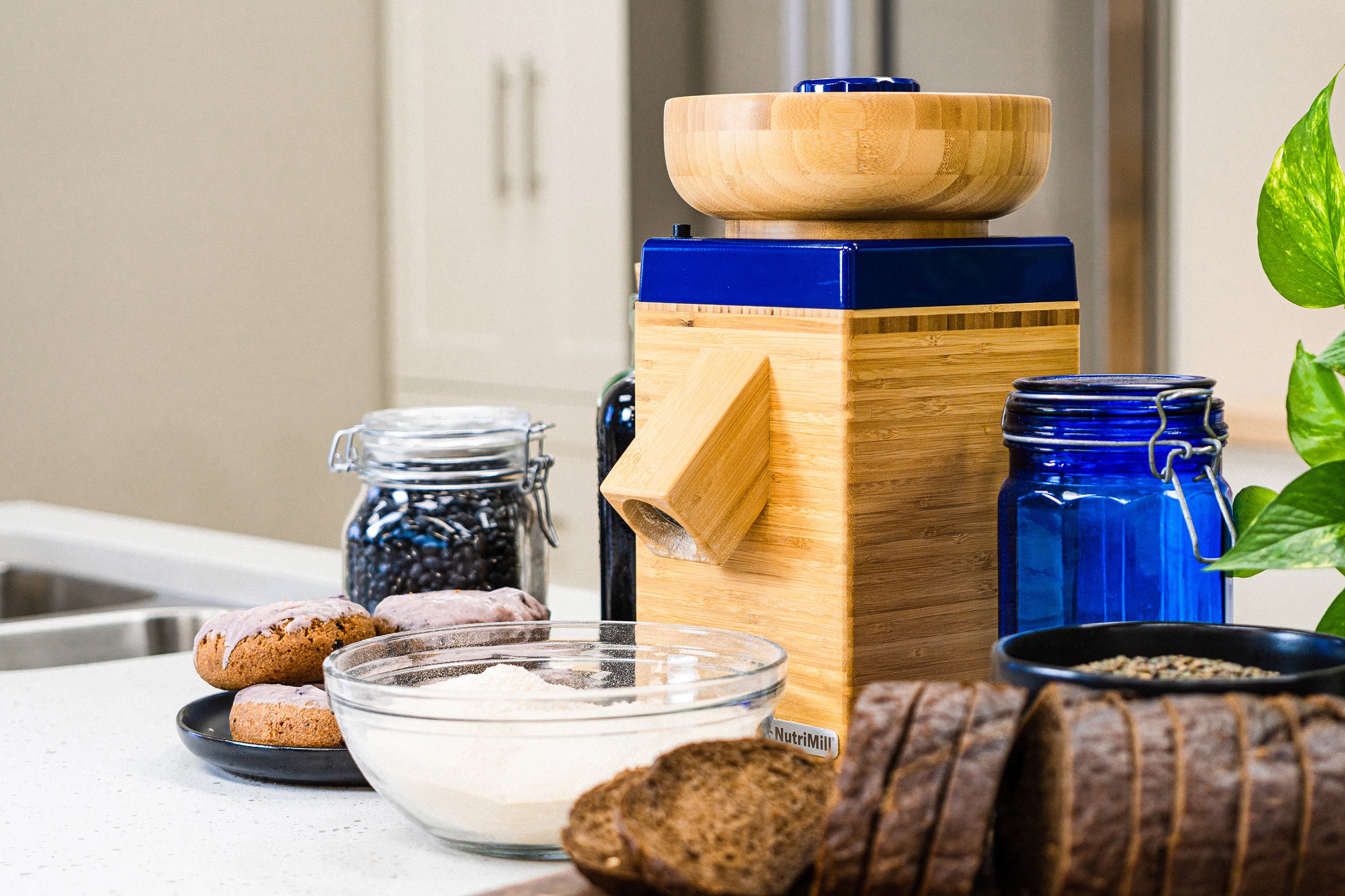 nutrimill harvest grain mill with baked goods