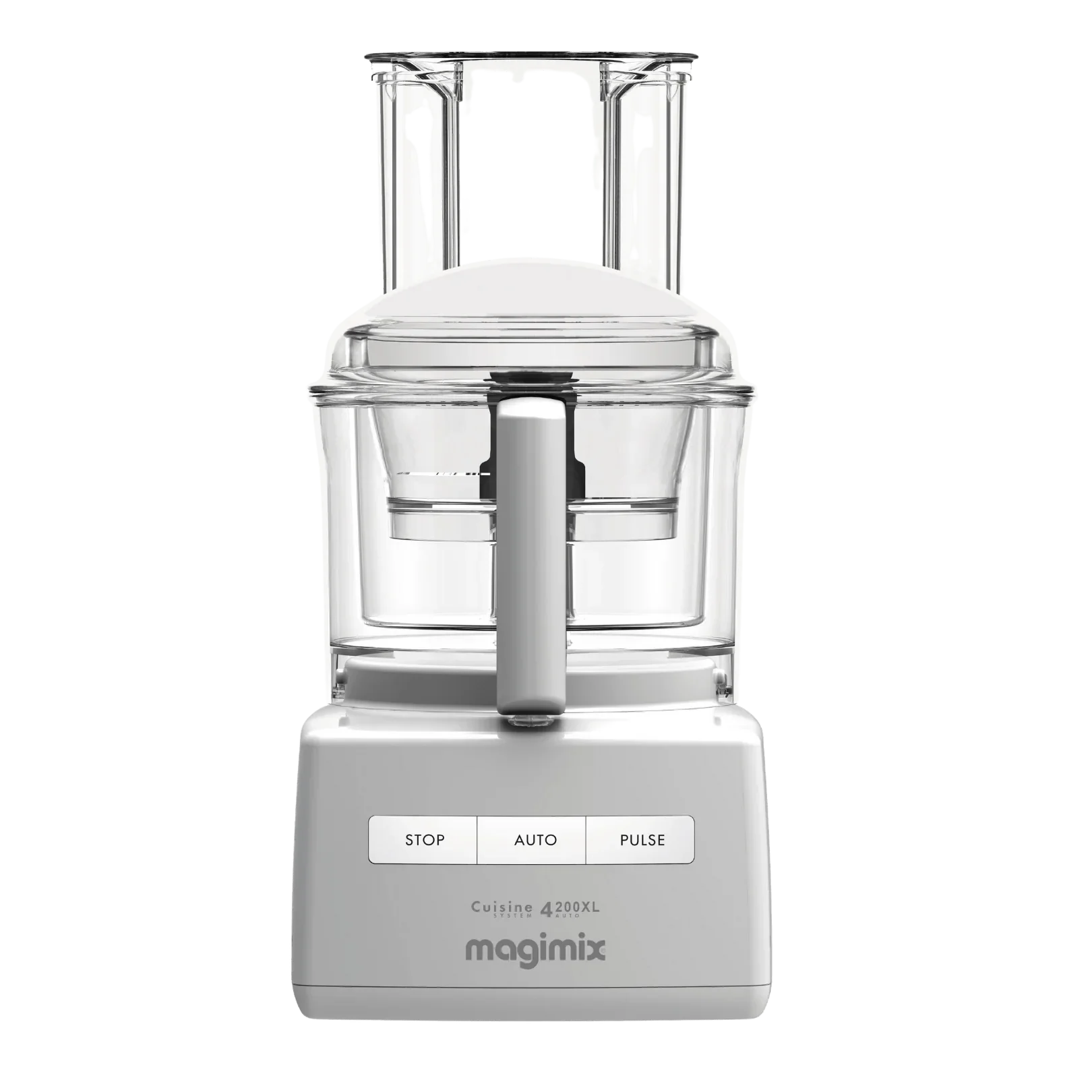 A white Magimix food processor with a clear bowl and attachments, showing the front panel with control buttons.