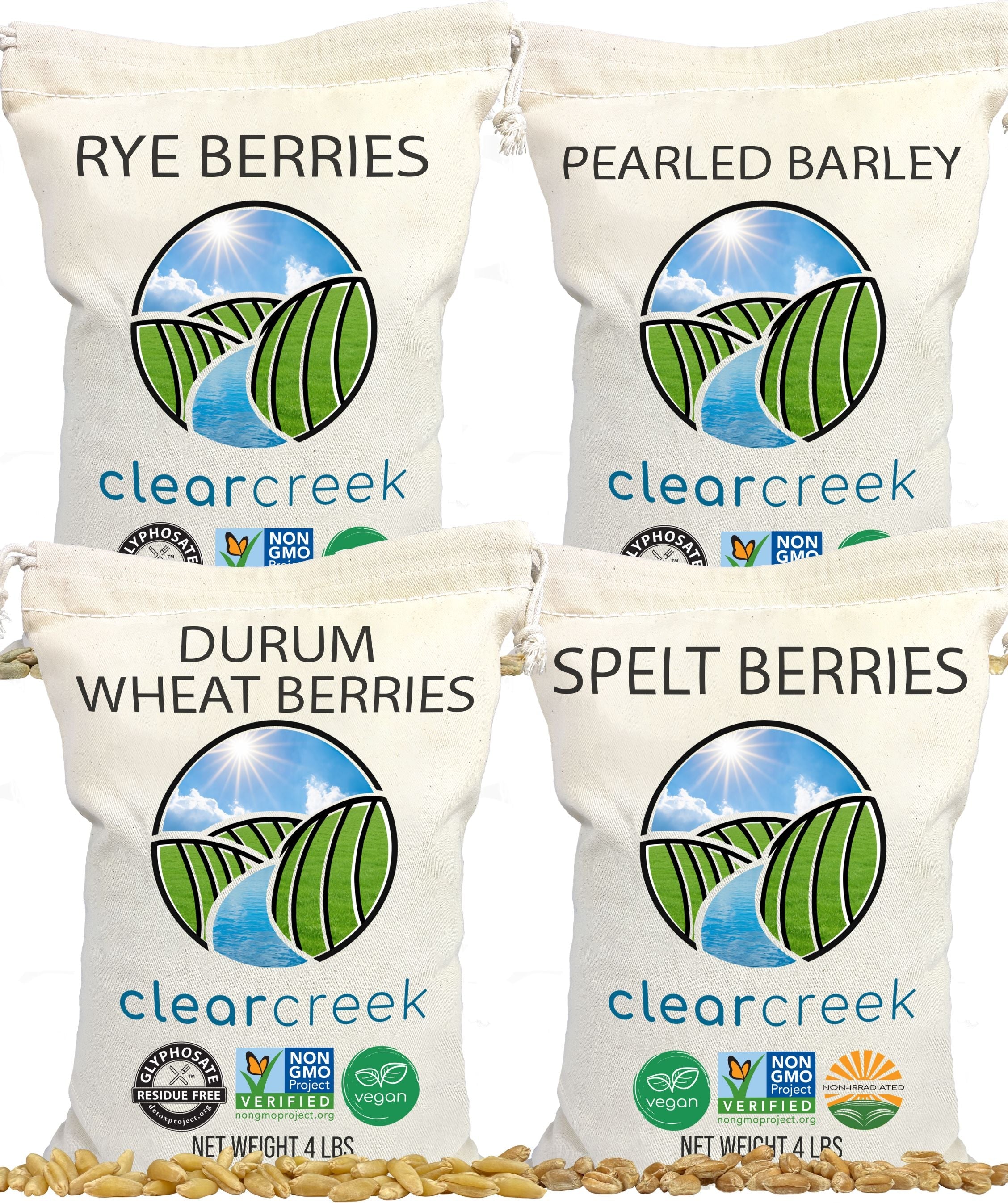 Grain Variety Bundle | Durum, Pearl Barley, Rye and Spelt Berries | 16 lbs (4-4 lb bags)