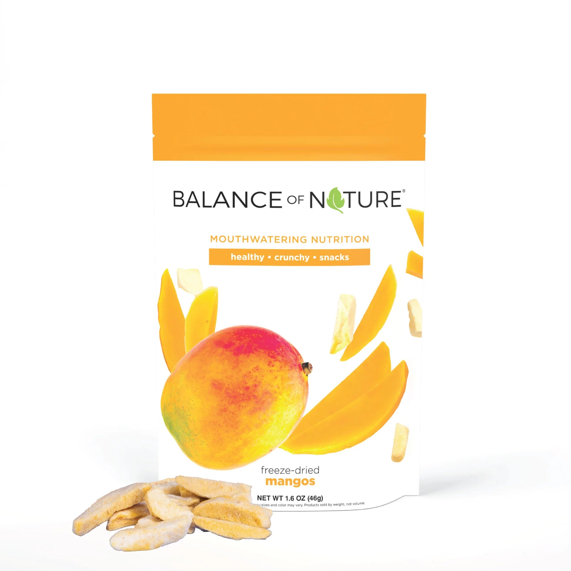 Front of a Balance of Nature freeze-dried mangos pouch with mango illustrations and 1.6 oz net weight