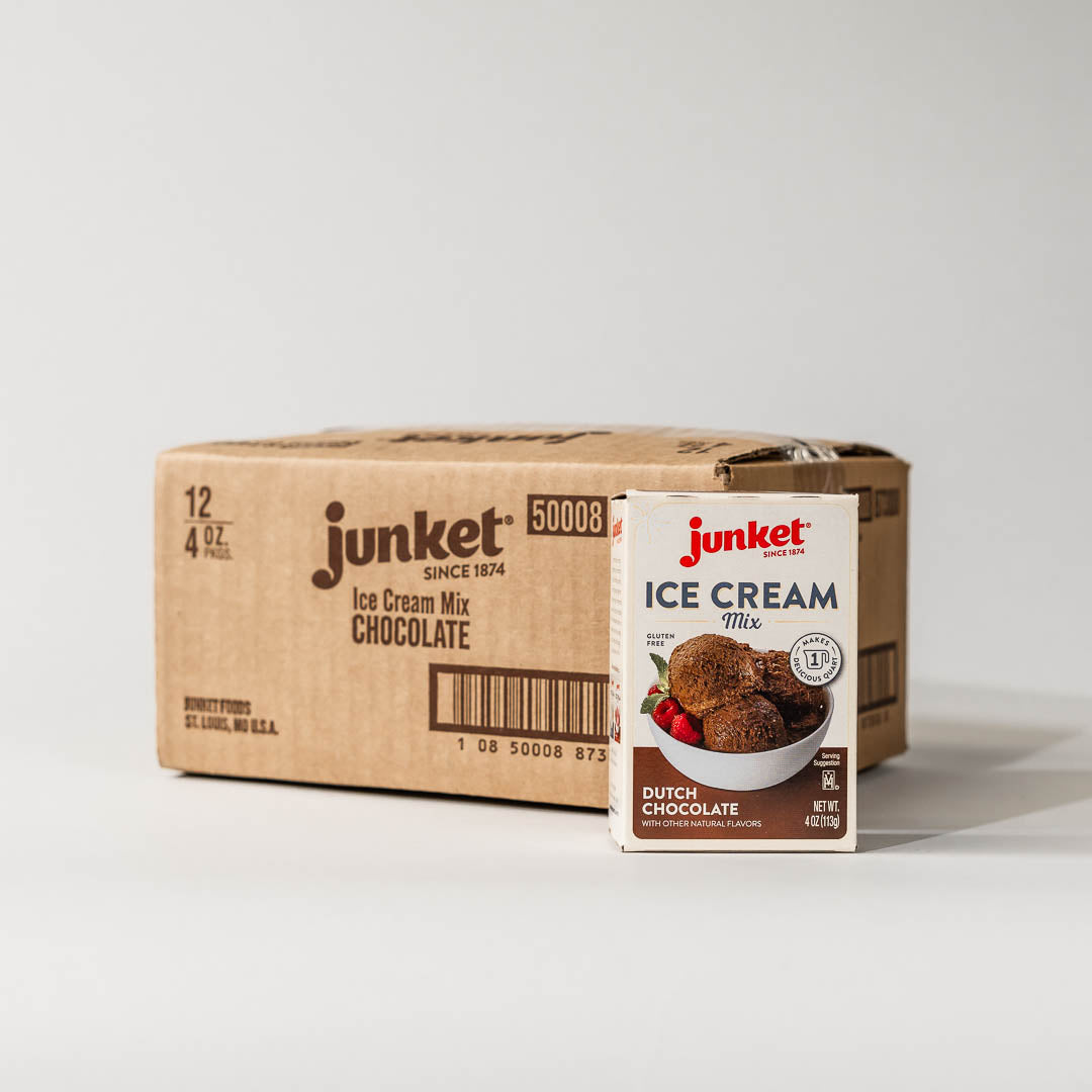 A case of 12 Junket Dutch Chocolate Ice Cream Mix boxes with a box of Ice cream mix at the front.
