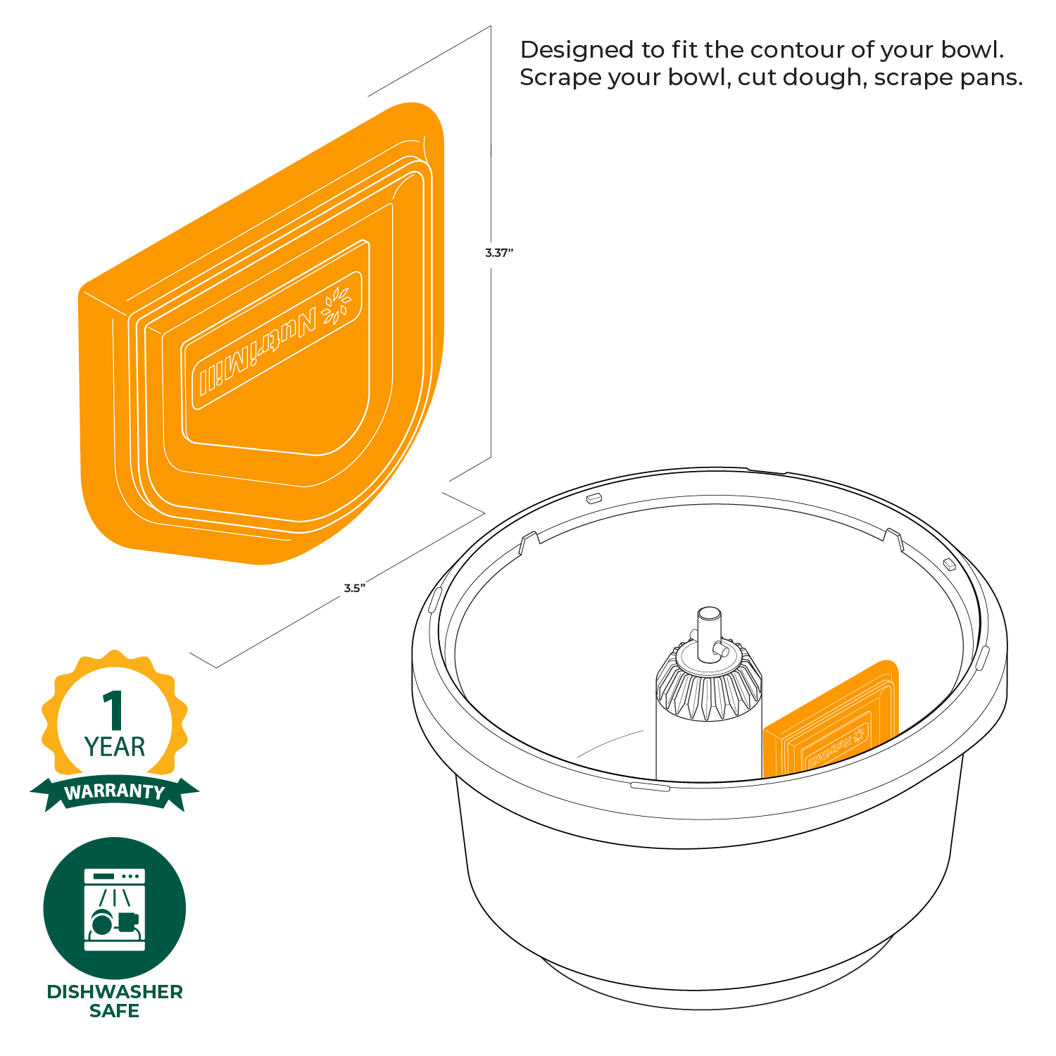 Technical illustration of the NutriMill easy scrape bowl scraper with dimensions, warranty, and care information