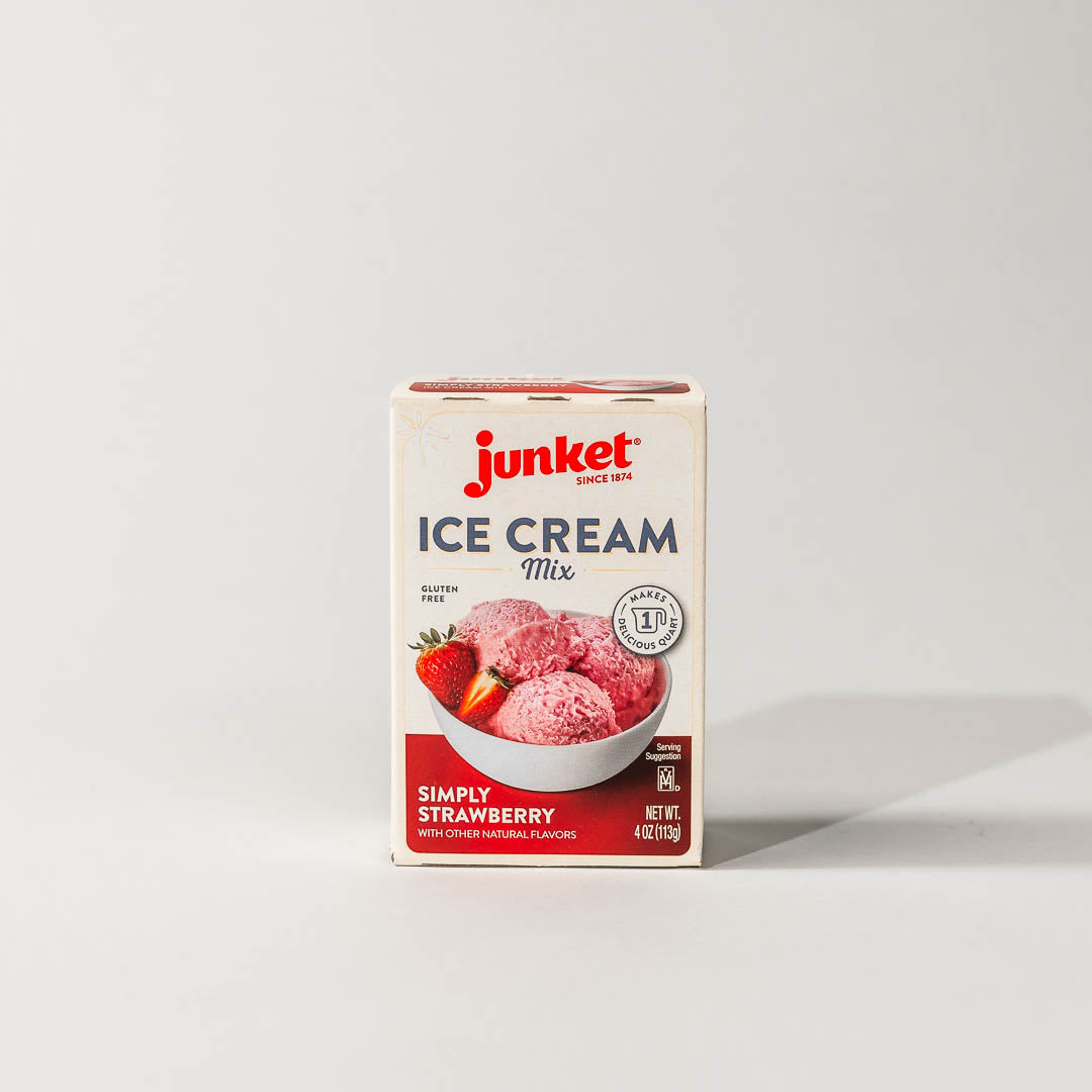 A box of Simply Strawberry Ice Cream Mix by Junket, depicting a bowl of strawberry ice cream on the front.