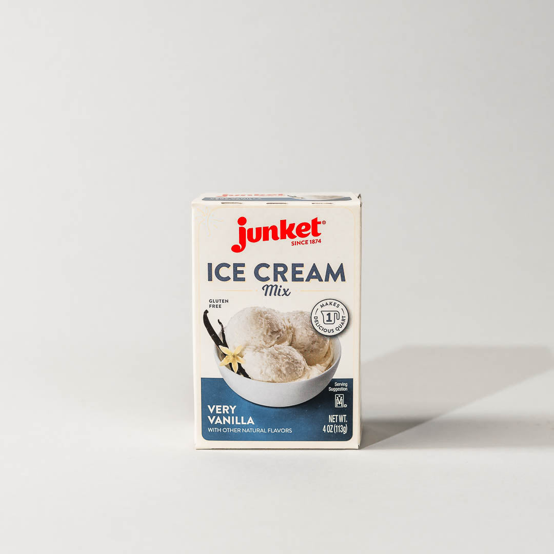 A box of Junket Very Vanilla Ice Cream Mix displayed against a neutral background.