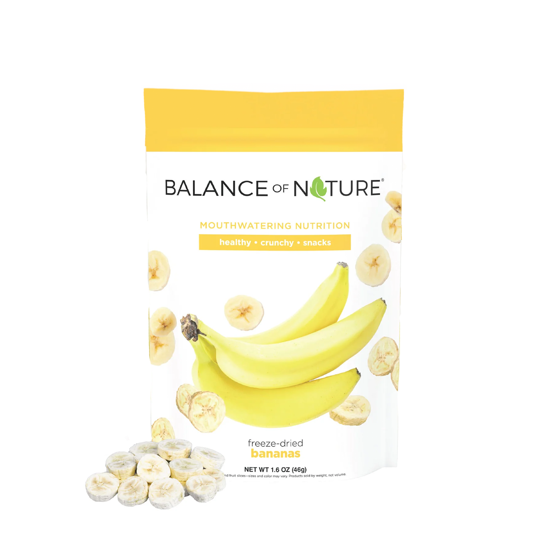 Front of a Balance of Nature freeze-dried bananas pouch with banana illustrations and 1.6 oz net weight