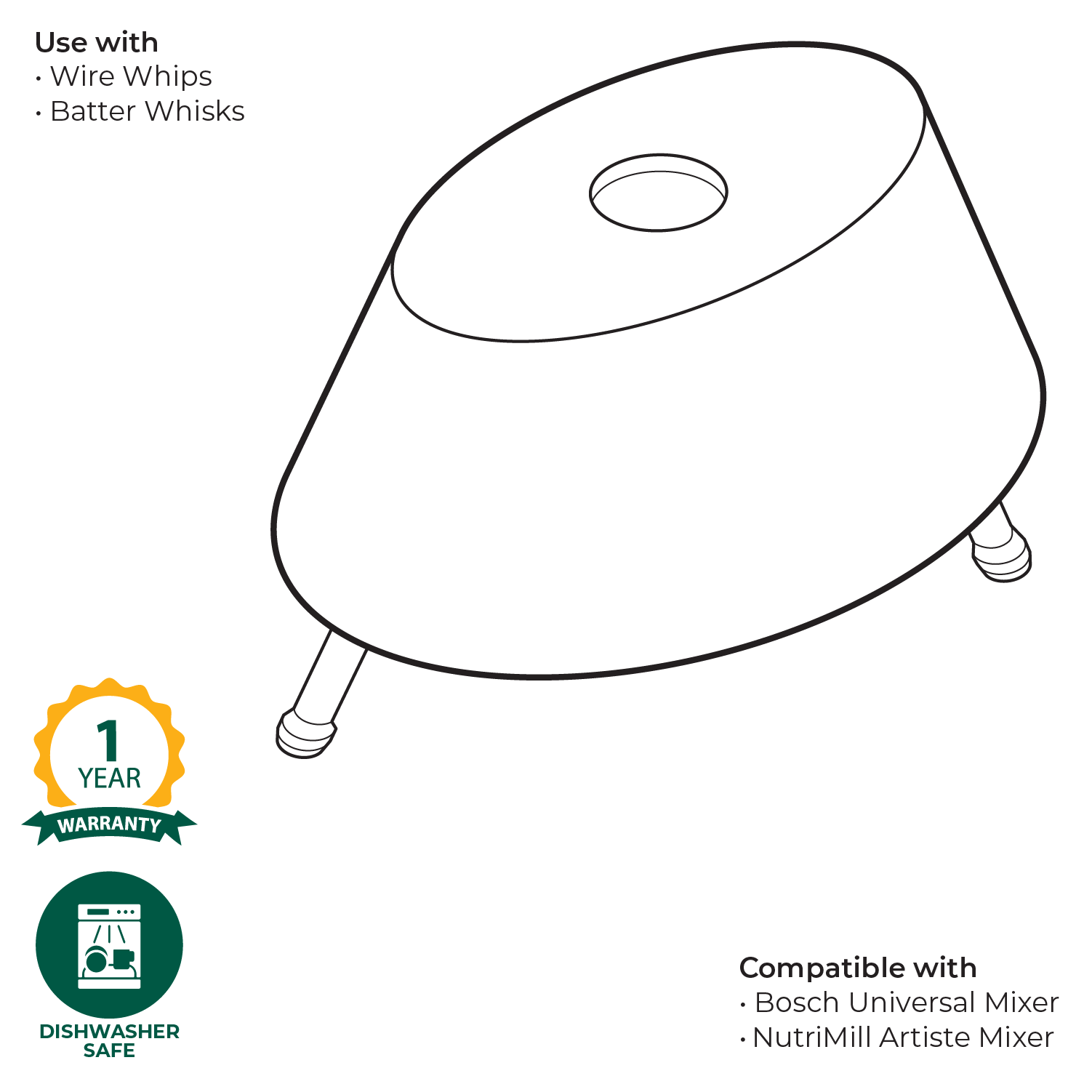 Technical illustration of a Bosch plastic whip driver with warranty and care information