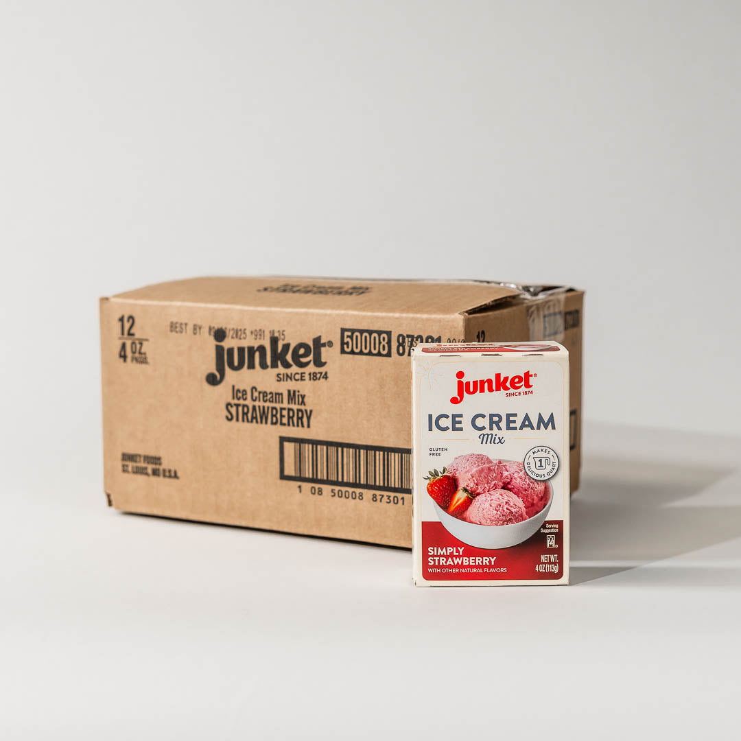 A case of 12 boxes of Junket Simply Strawberry Ice Cream Mix, with one box displayed in front of the case.