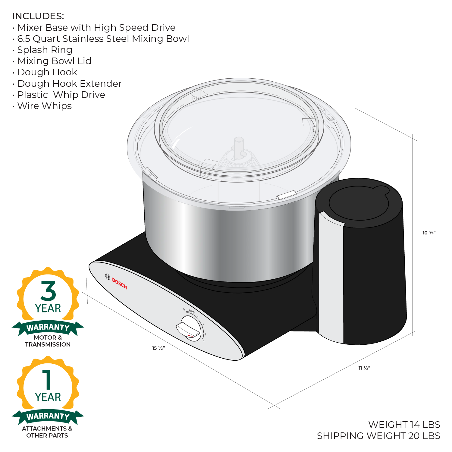 Diagram of Bosch universal plus mixer with stainless steel bowl and warranty logos