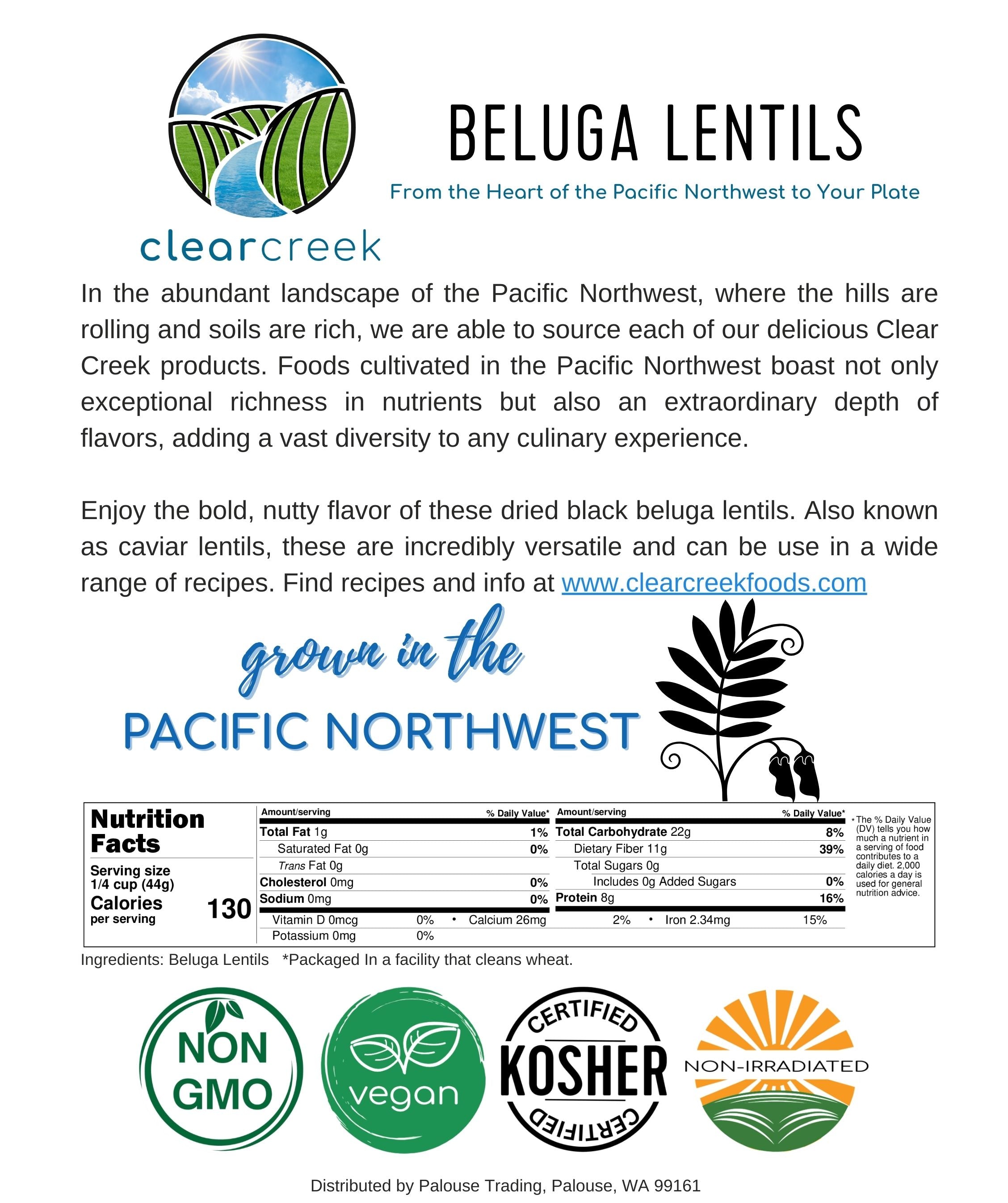 Clear Creek Beluga Lentils information card with nutrition facts and Non-GMO, vegan, Kosher, and non-irradiated certifications