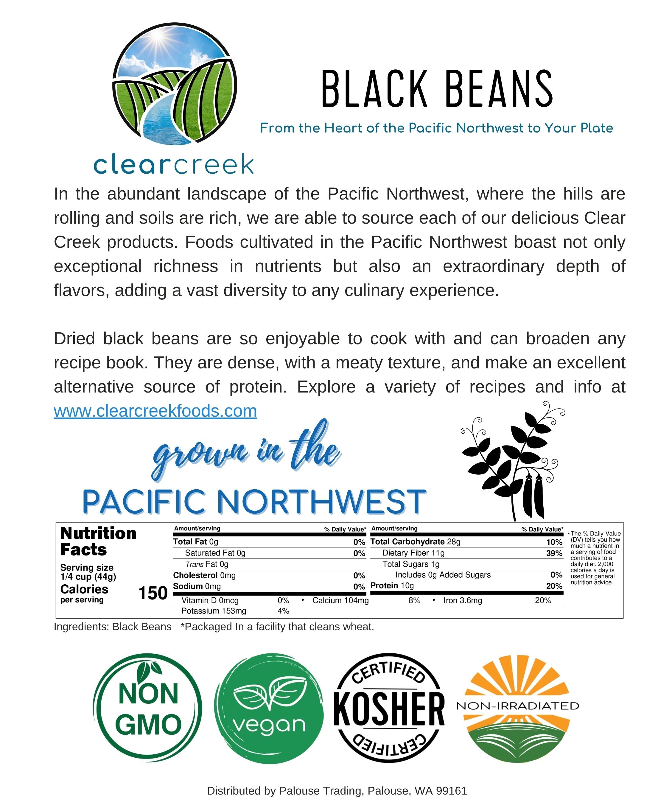 Clear Creek Black Beans product card with Pacific Northwest origin story, nutrition facts, and Non-GMO, vegan, kosher, and non-irradiated certifications