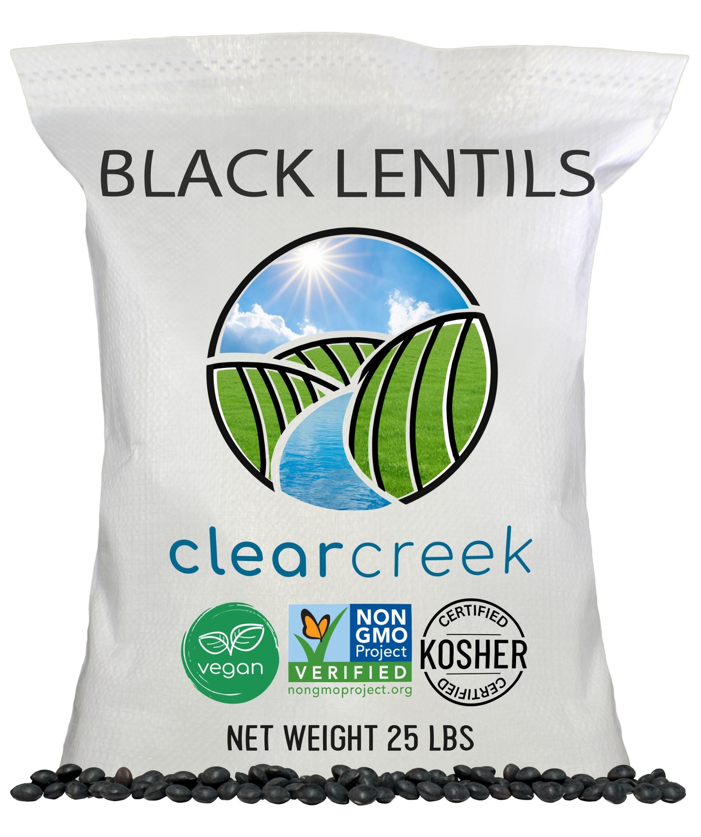 Clear Creek Black Lentils 25 lb bag with vegan, Non-GMO Project Verified, and Kosher certifications