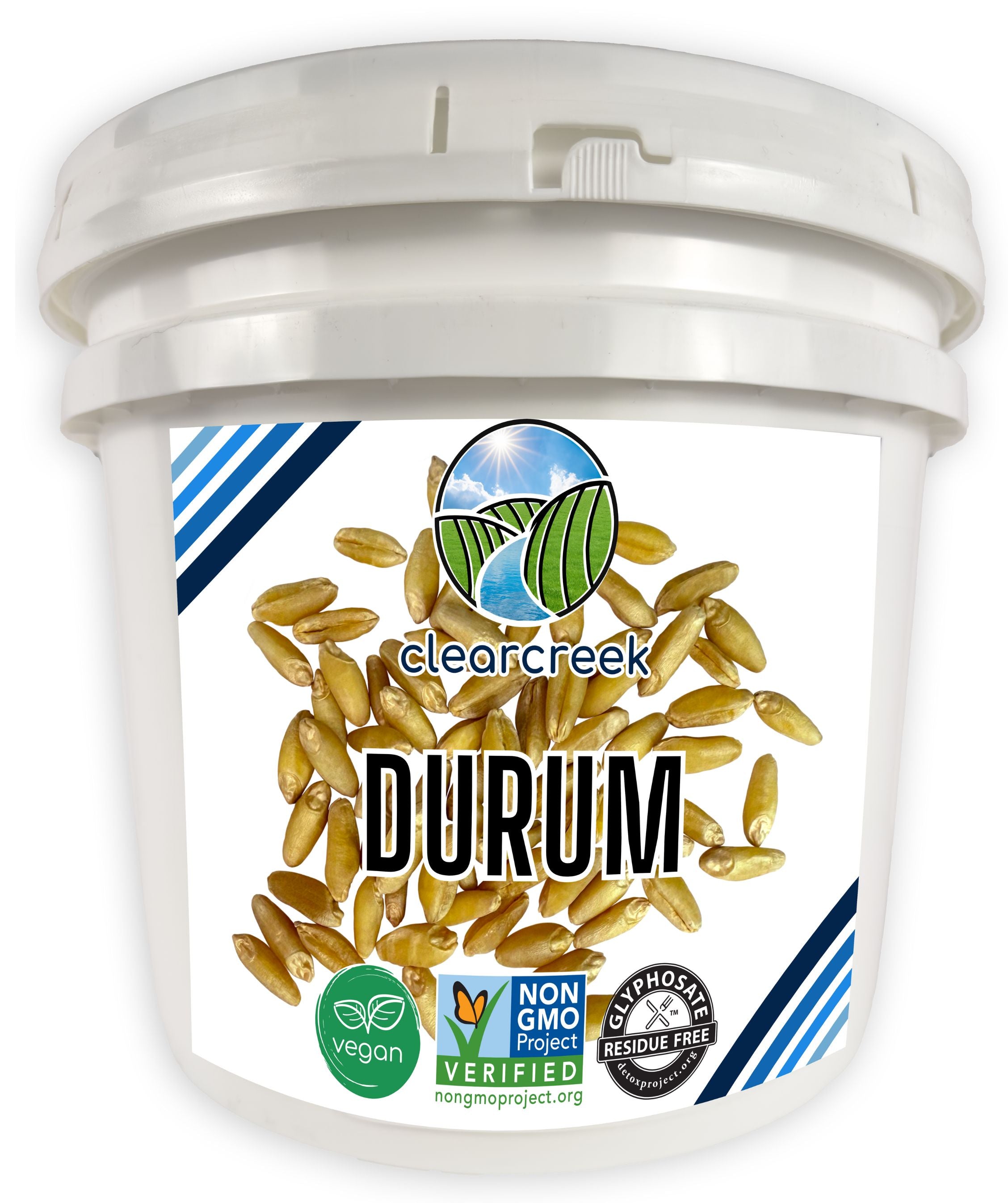 Clear Creek Durum wheat berries white plastic bucket with Non-GMO Project Verified, vegan, and Glyphosate Residue Free certifications