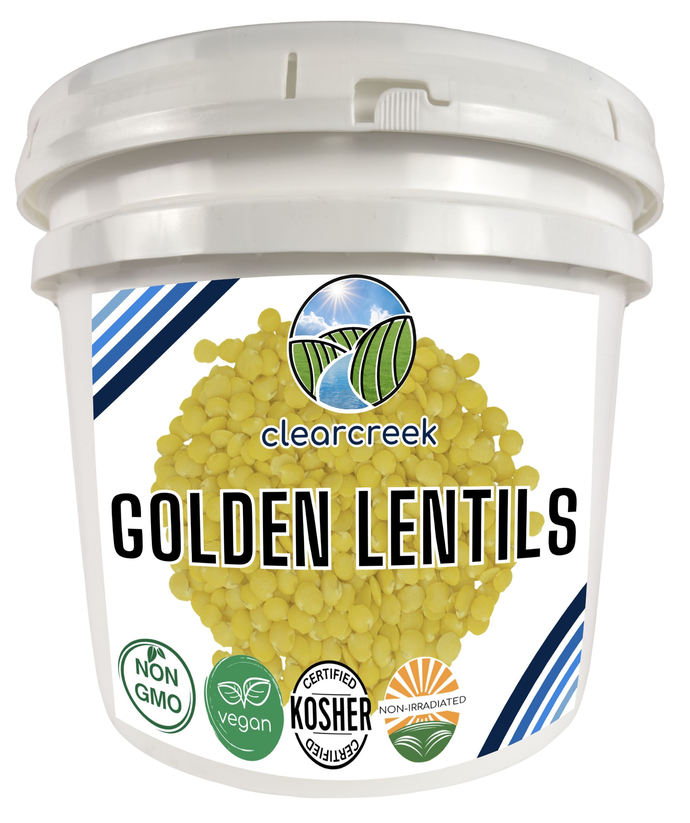 Clear Creek Golden Lentils white storage bucket with Non-GMO, vegan, Kosher Certified, and Non-Irradiated certifications