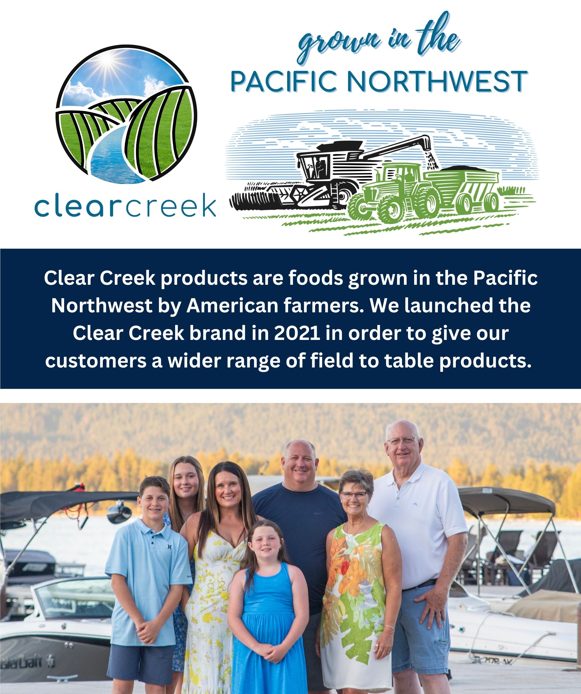 Clear Creek 'Grown in the Pacific Northwest' brand card with a photo of the farming family by a lake