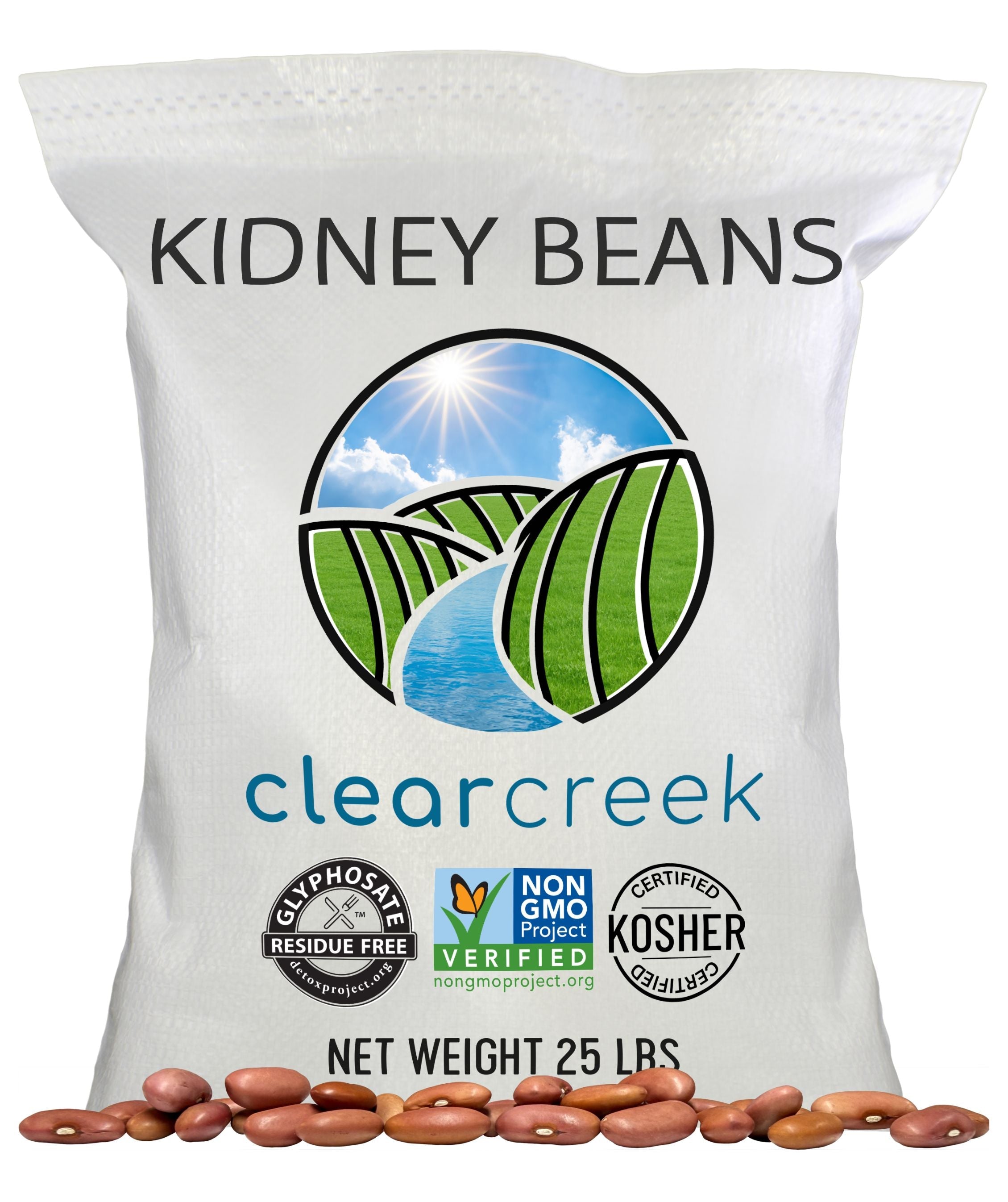 Clear Creek Kidney Beans 25 lb bag with glyphosate residue free, Non-GMO, and Kosher certifications on a white background