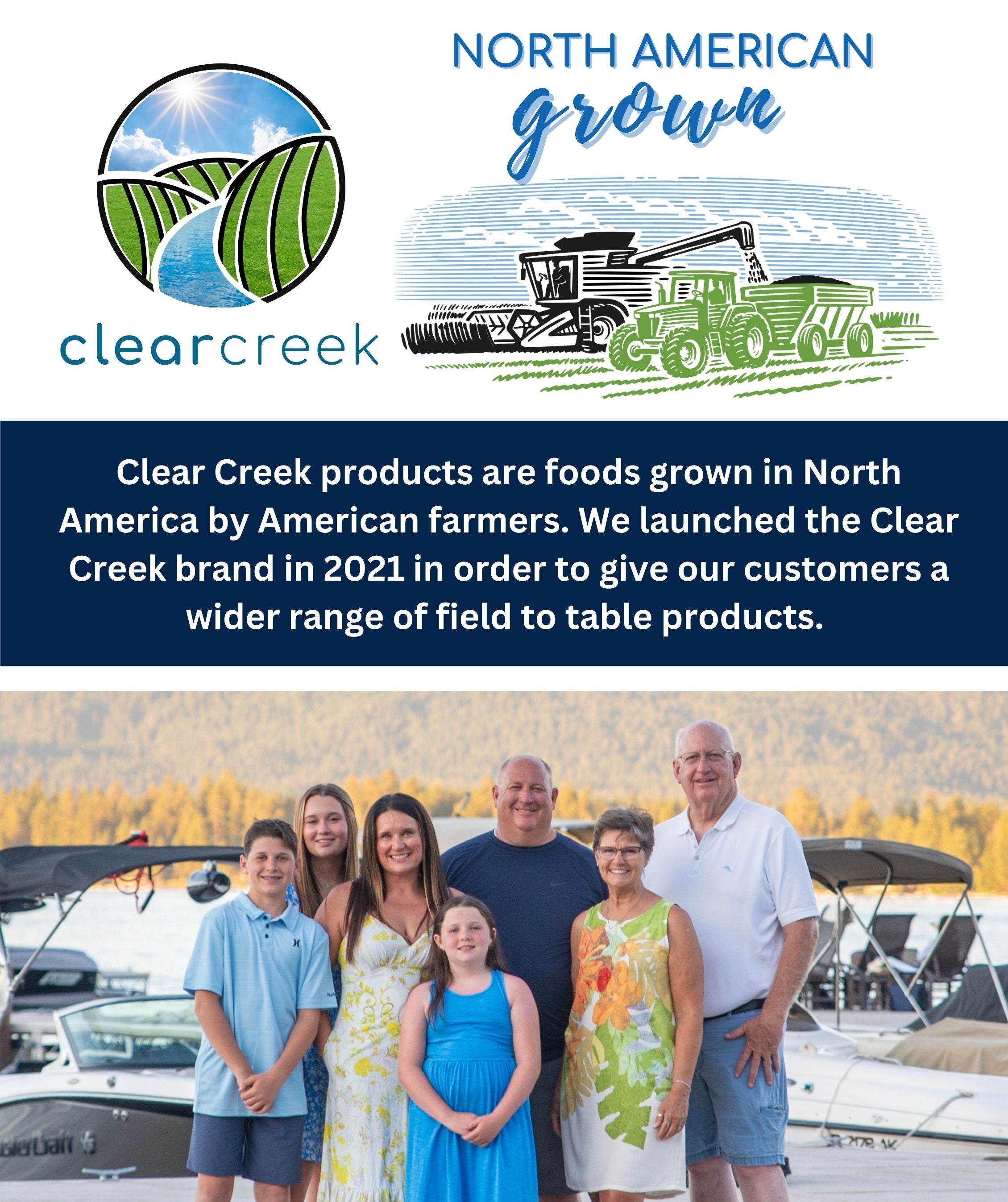 Clear Creek 'North American Grown' brand story card with combine illustration and photo of the founding Palouse family