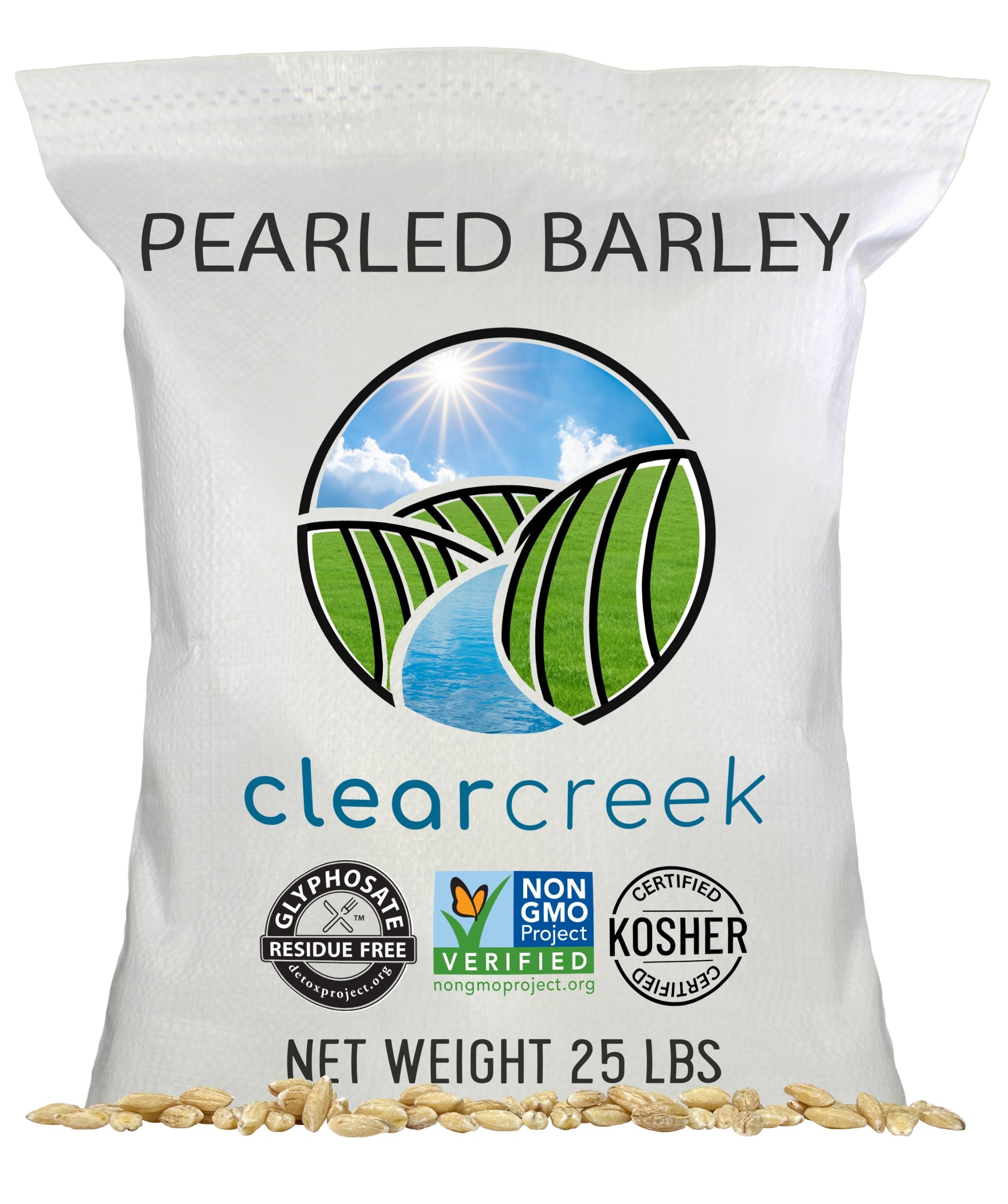 Front of a Clear Creek Pearled Barley 25 lb bag with Glyphosate Residue Free, Non-GMO Project Verified, and Certified Kosher seals on a white background