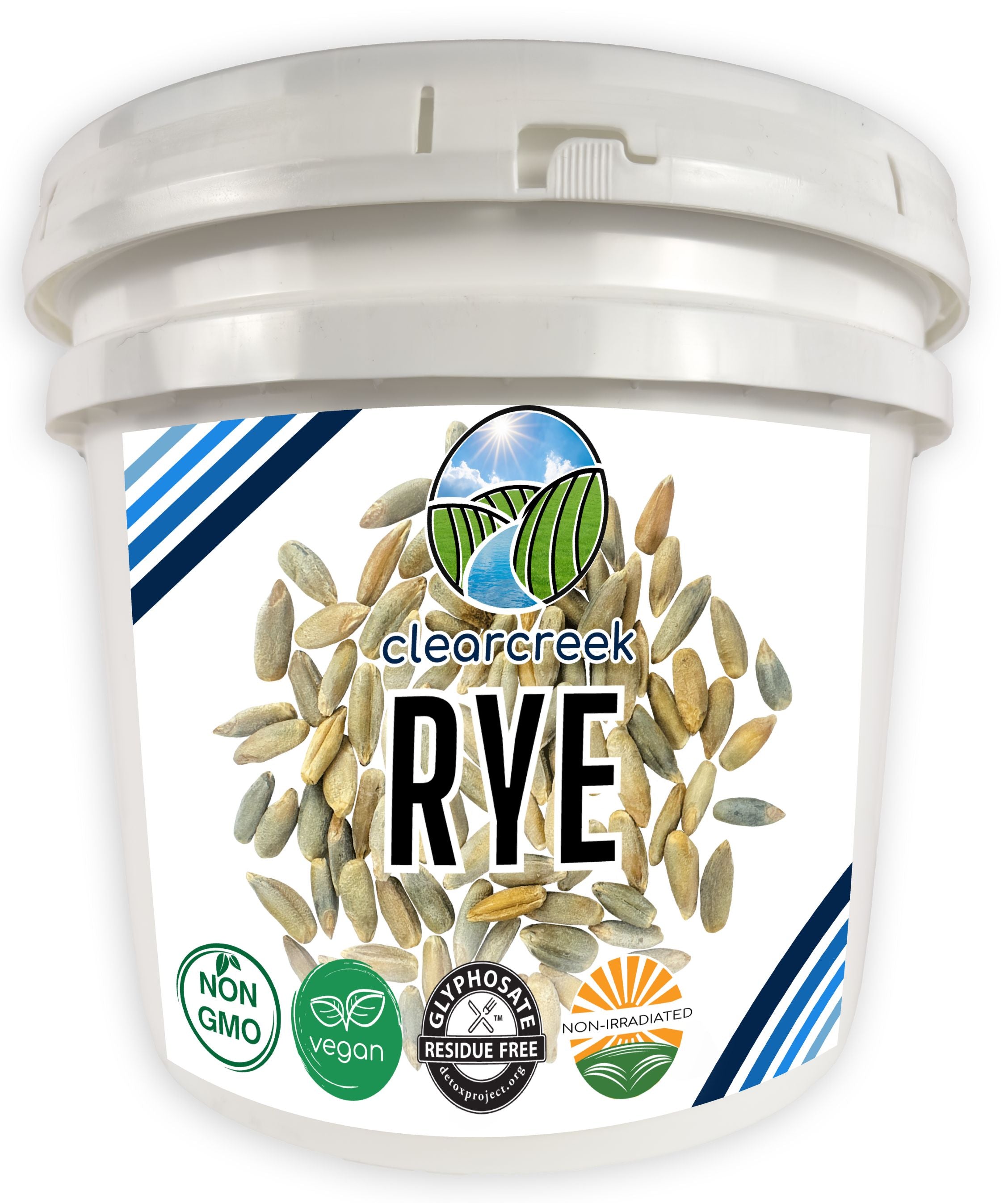 Clear Creek Rye white storage bucket with Non-GMO, vegan, Glyphosate Residue Free, and Non-Irradiated certifications