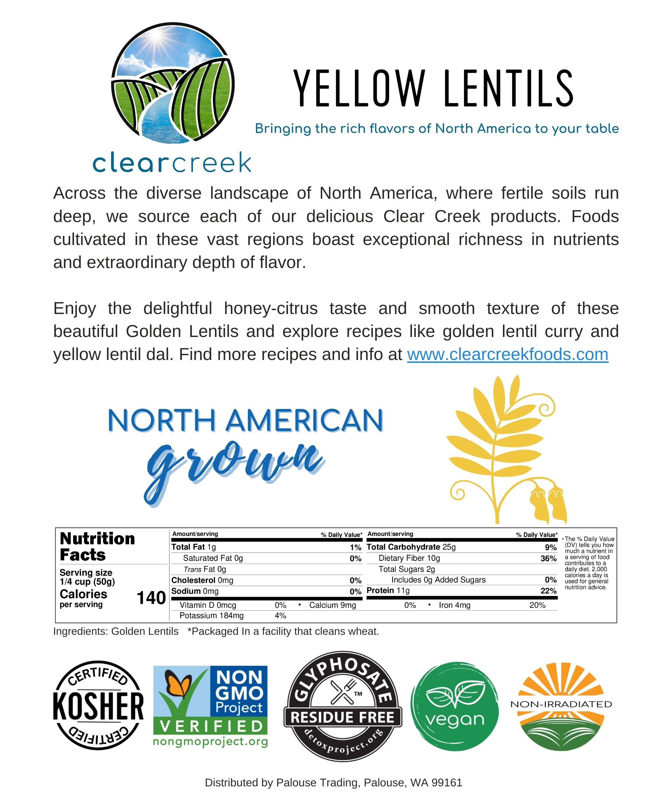 Clear Creek Yellow Lentils 'North American Grown' information card with description, nutrition facts, and Kosher, Non-GMO Project Verified, Glyphosate Residue Free, vegan, and Non-Irradiated certifications