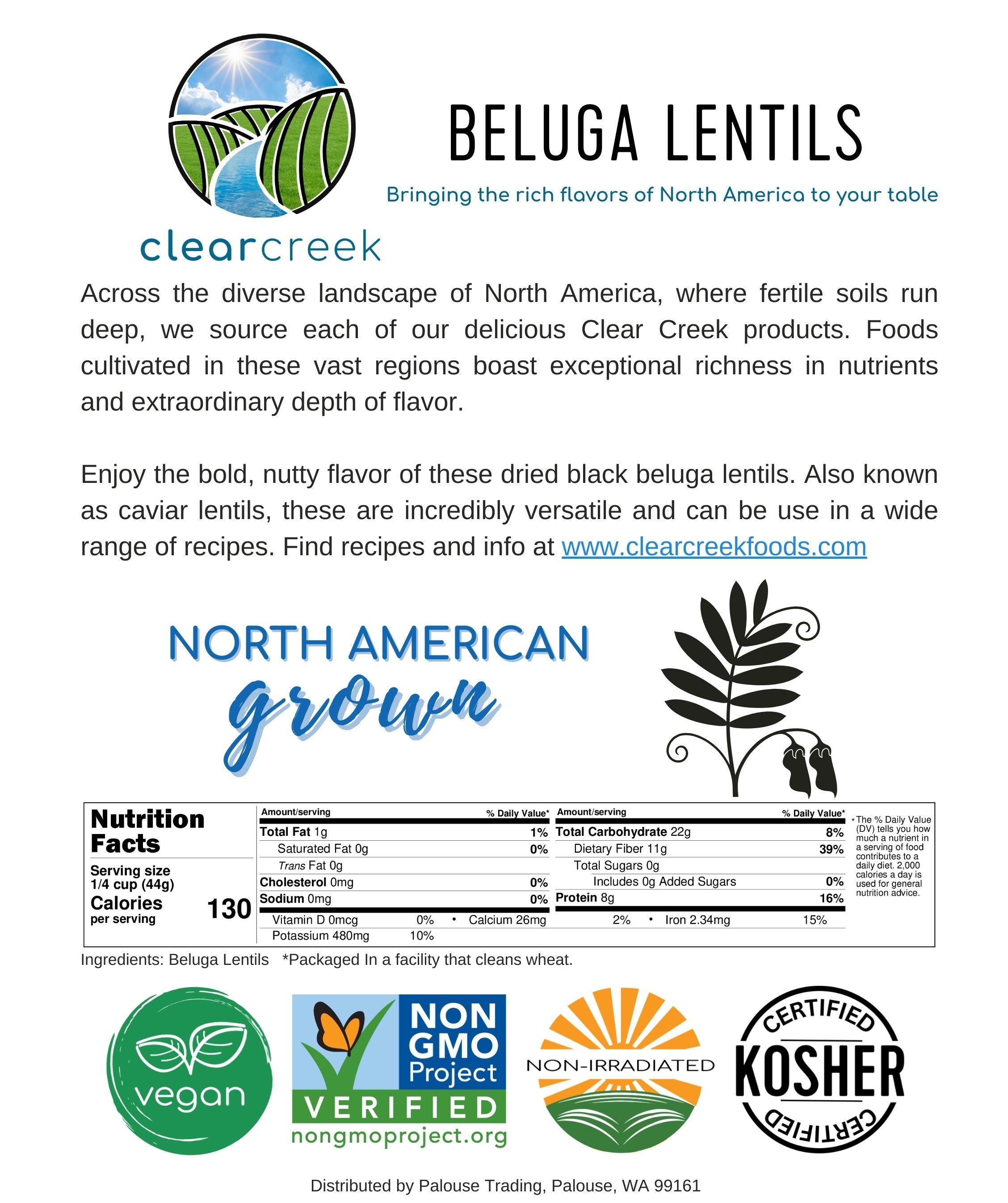 Clear Creek Beluga Lentils info card with nutrition facts, ingredients, and vegan, Non-GMO, non-irradiated, and Kosher certifications