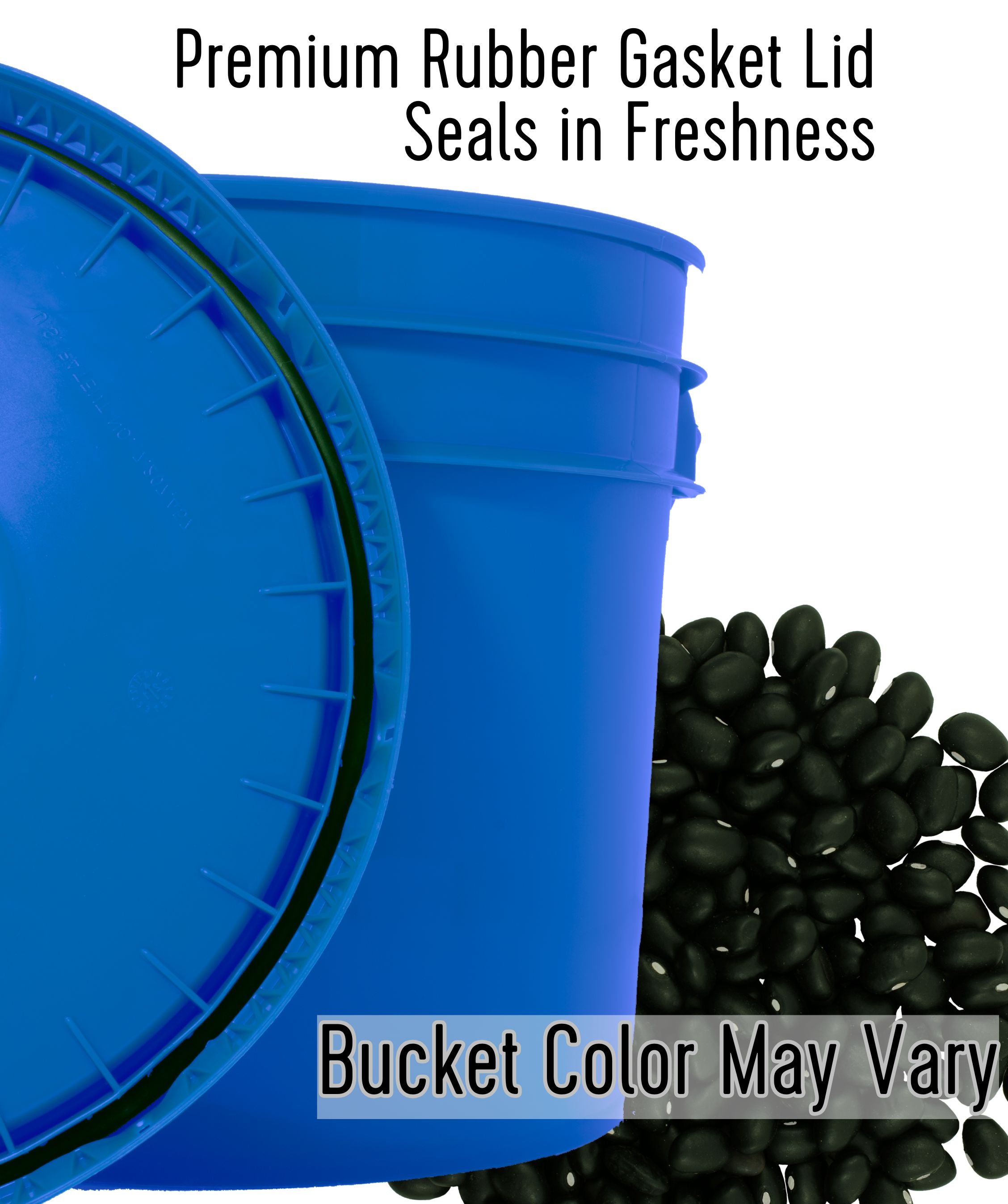 Clear Creek bucket card showing a blue gasket-lid bucket with black beans, noting the rubber gasket lid seals in freshness and bucket color may vary