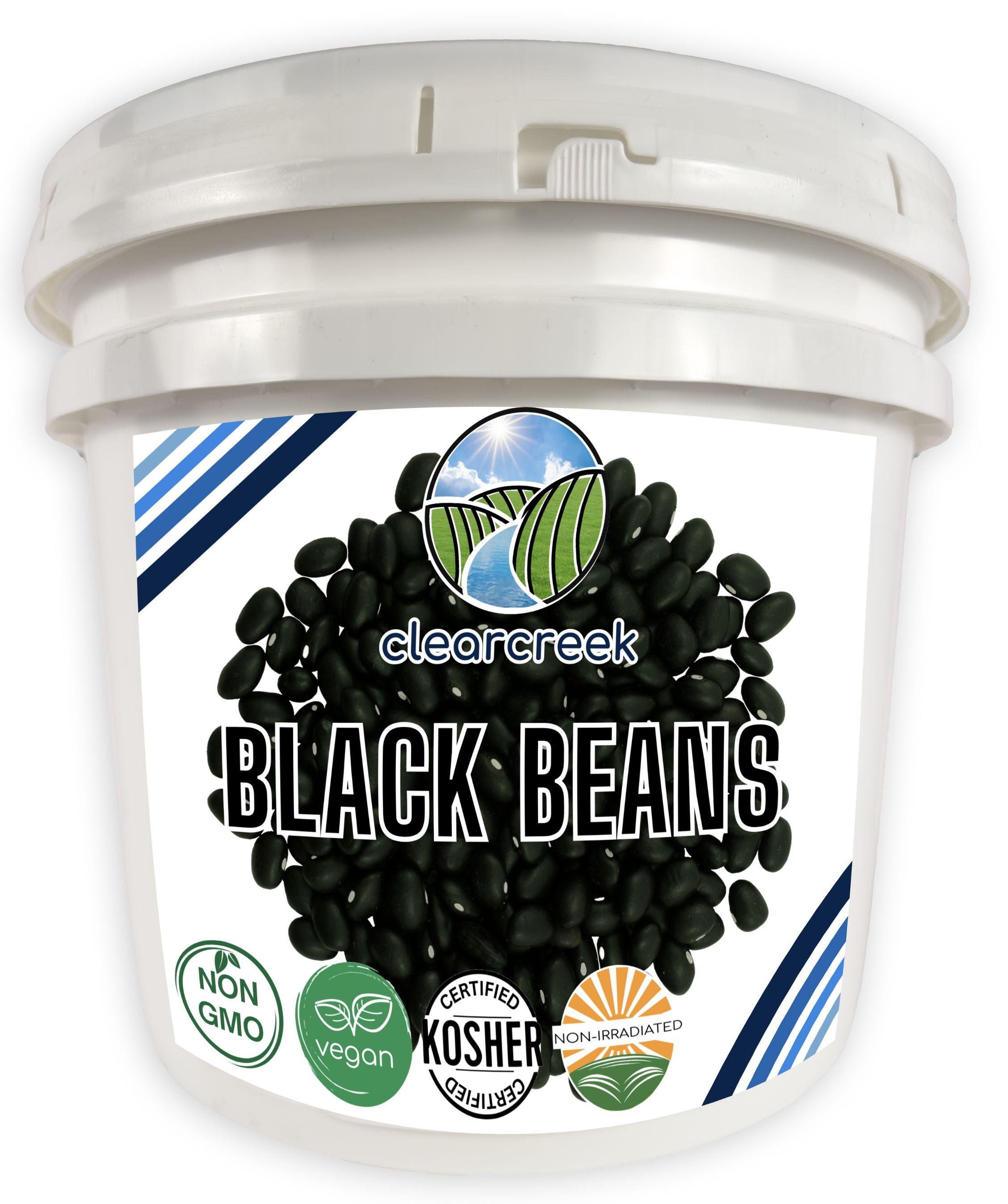 Clear Creek Black Beans in a white bucket with Non-GMO, vegan, Kosher, and non-irradiated certifications