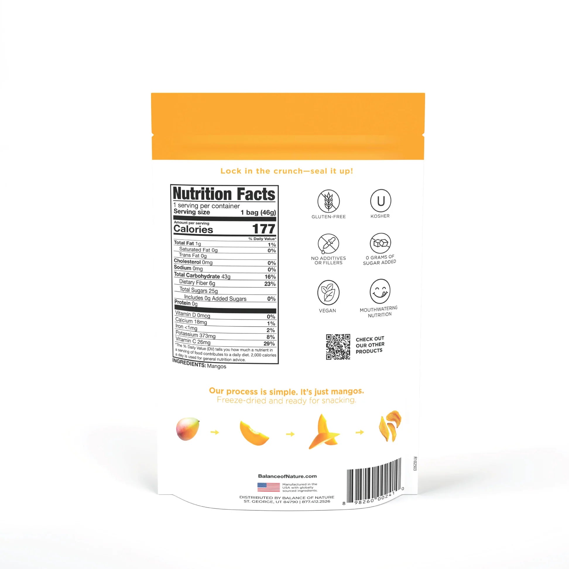 Back of a Balance of Nature freeze-dried mangos pouch with Nutrition Facts, gluten-free, kosher, vegan, and no additives certifications