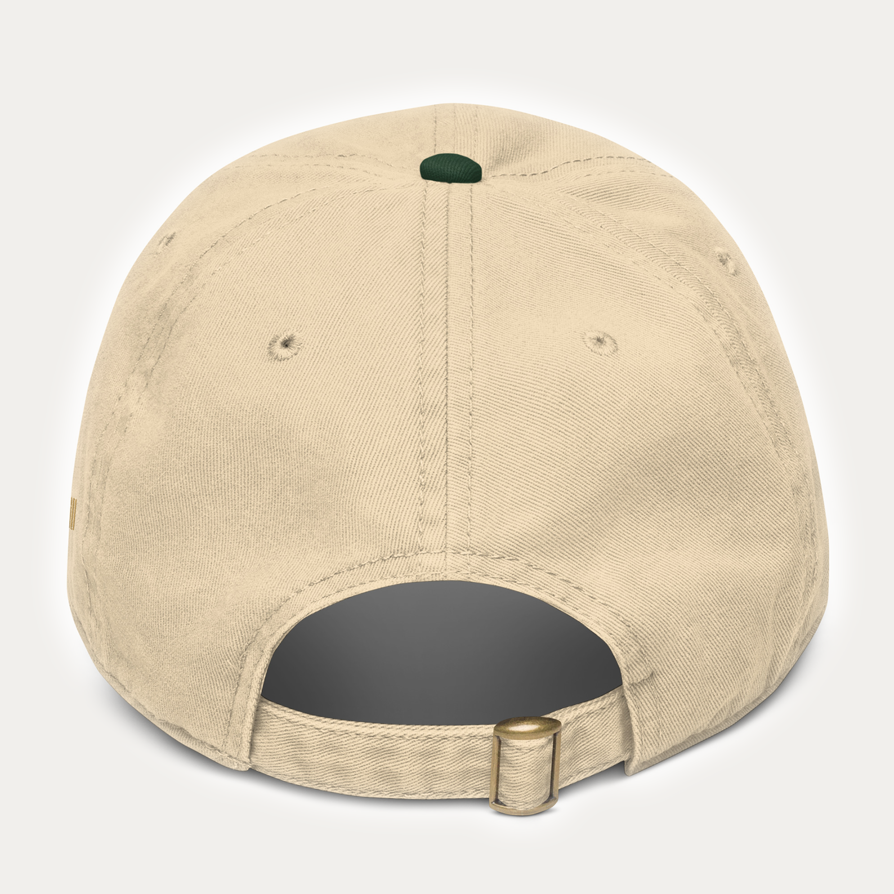 Back of NutriMill beige baseball cap on a light gray background