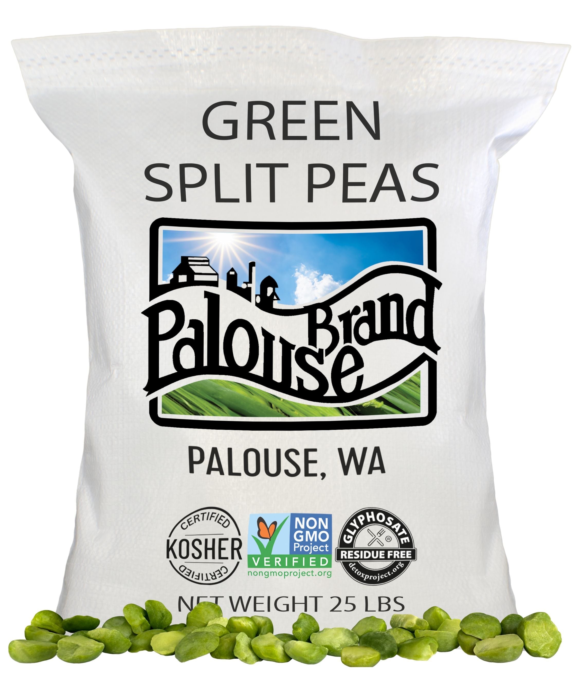 Front of Palouse Brand Green Split Peas 25 lb bag from Palouse WA with Kosher Certified, Non-GMO Project Verified, and Glyphosate Residue Free seals