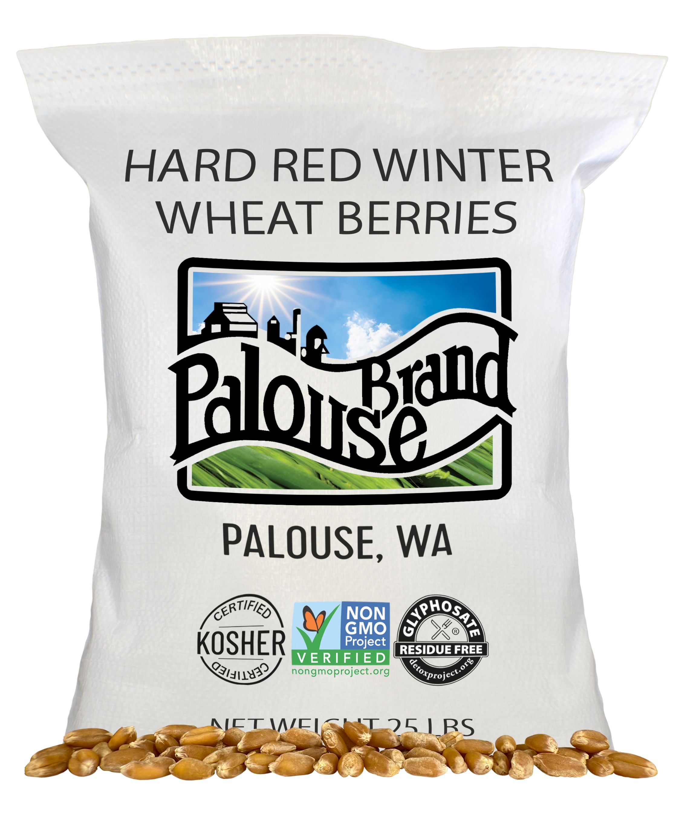 Front of Palouse Brand Hard Red Winter Wheat Berries 25 lb bag from Palouse WA with Kosher Certified, Non-GMO Project Verified, and Glyphosate Residue Free seals