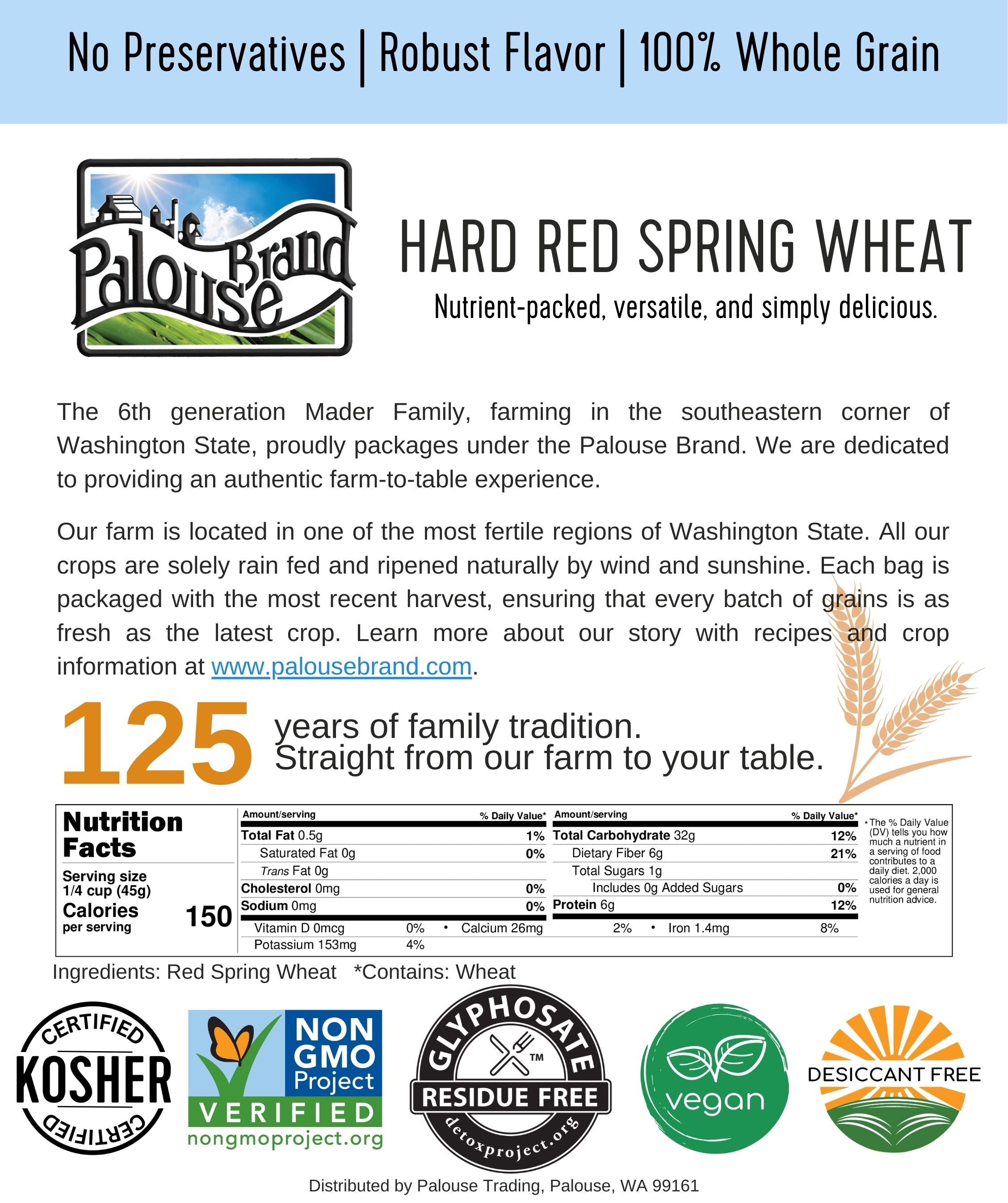 Palouse Brand Hard White Wheat information card describing the Mader Family farm with nutrition facts and Kosher, Non-GMO Project Verified, Glyphosate Residue Free, vegan, and Desiccant Free certifications