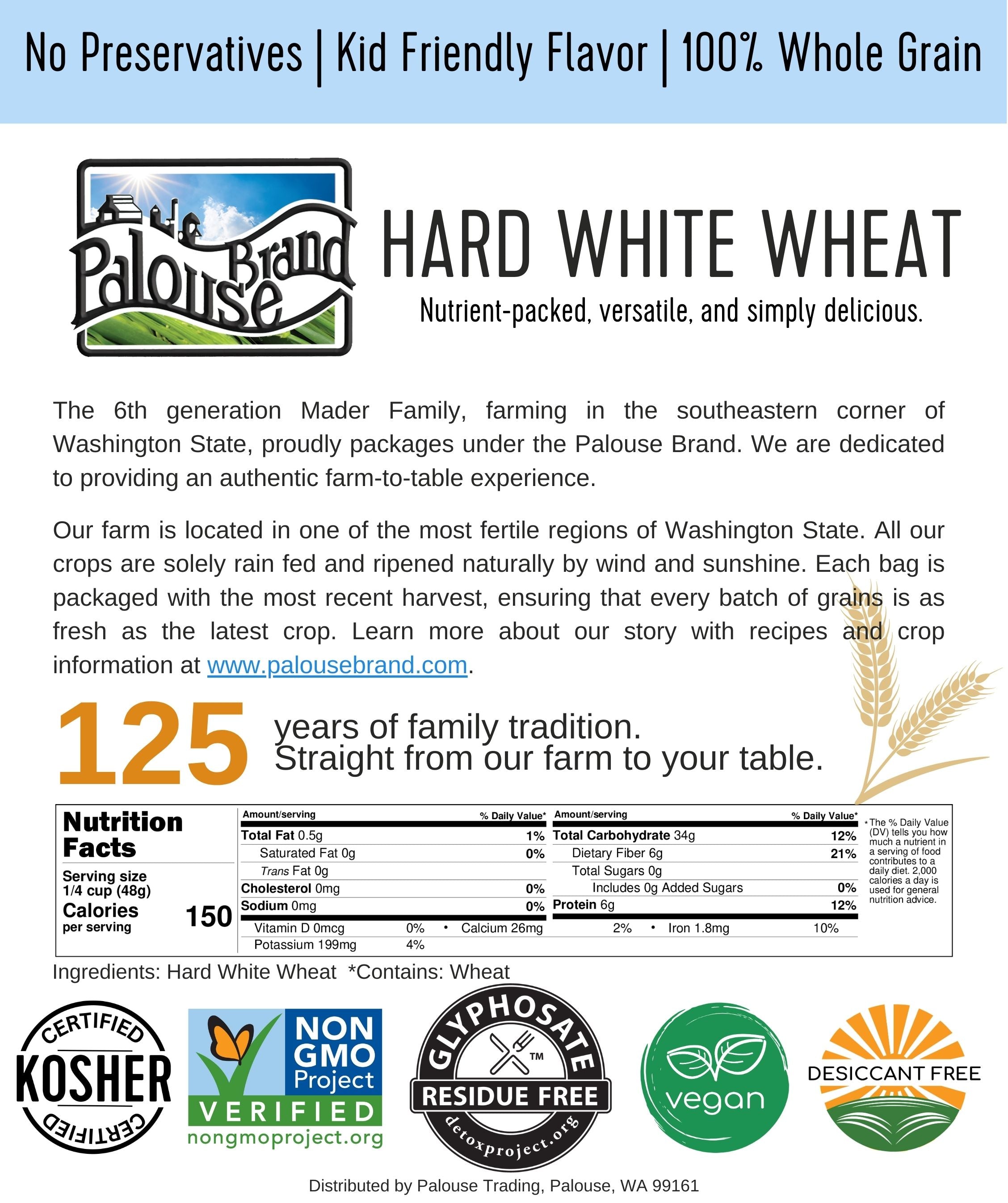 Palouse Brand Hard White Wheat information card describing the Mader Family farm with nutrition facts and Kosher, Non-GMO Project Verified, Glyphosate Residue Free, vegan, and Desiccant Free certifications