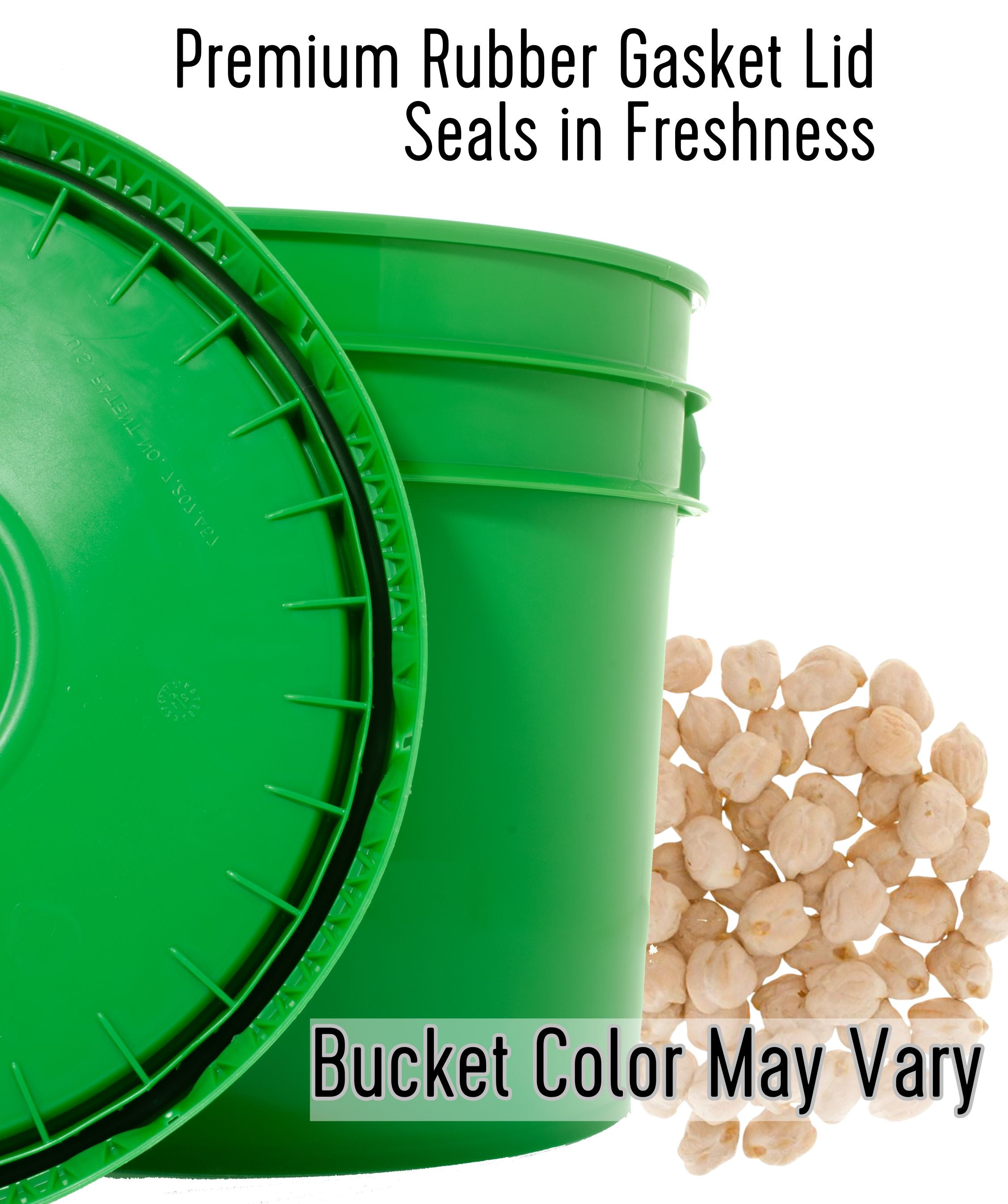 Green Palouse Brand storage bucket with premium rubber gasket lid and a pile of chickpeas, with text 'Premium Rubber Gasket Lid Seals in Freshness' and 'Bucket Color May Vary'