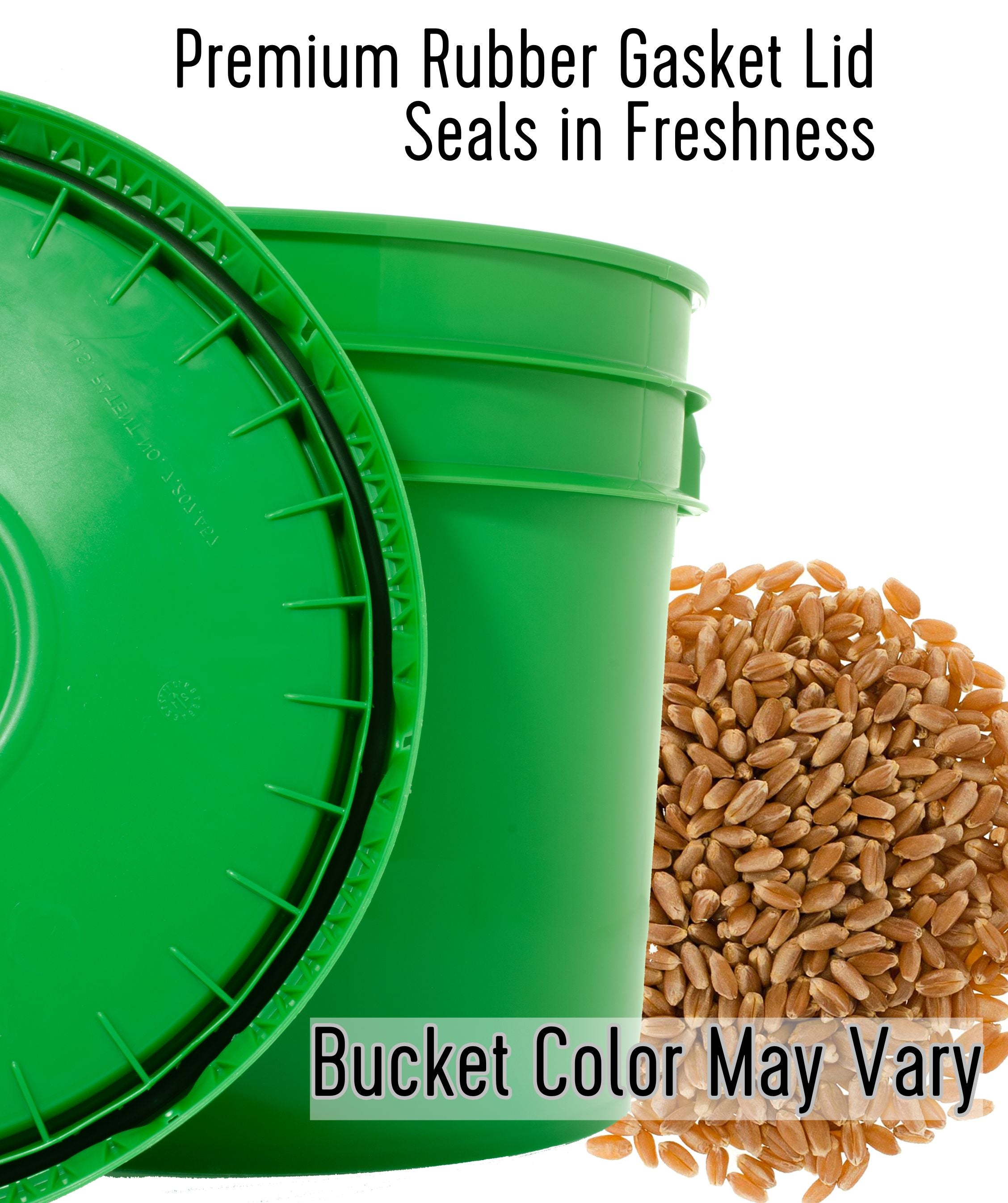 Green Palouse Brand storage bucket with premium rubber gasket lid and a pile of red wheat berries, with text 'Premium Rubber Gasket Lid Seals in Freshness' and 'Bucket Color May Vary'