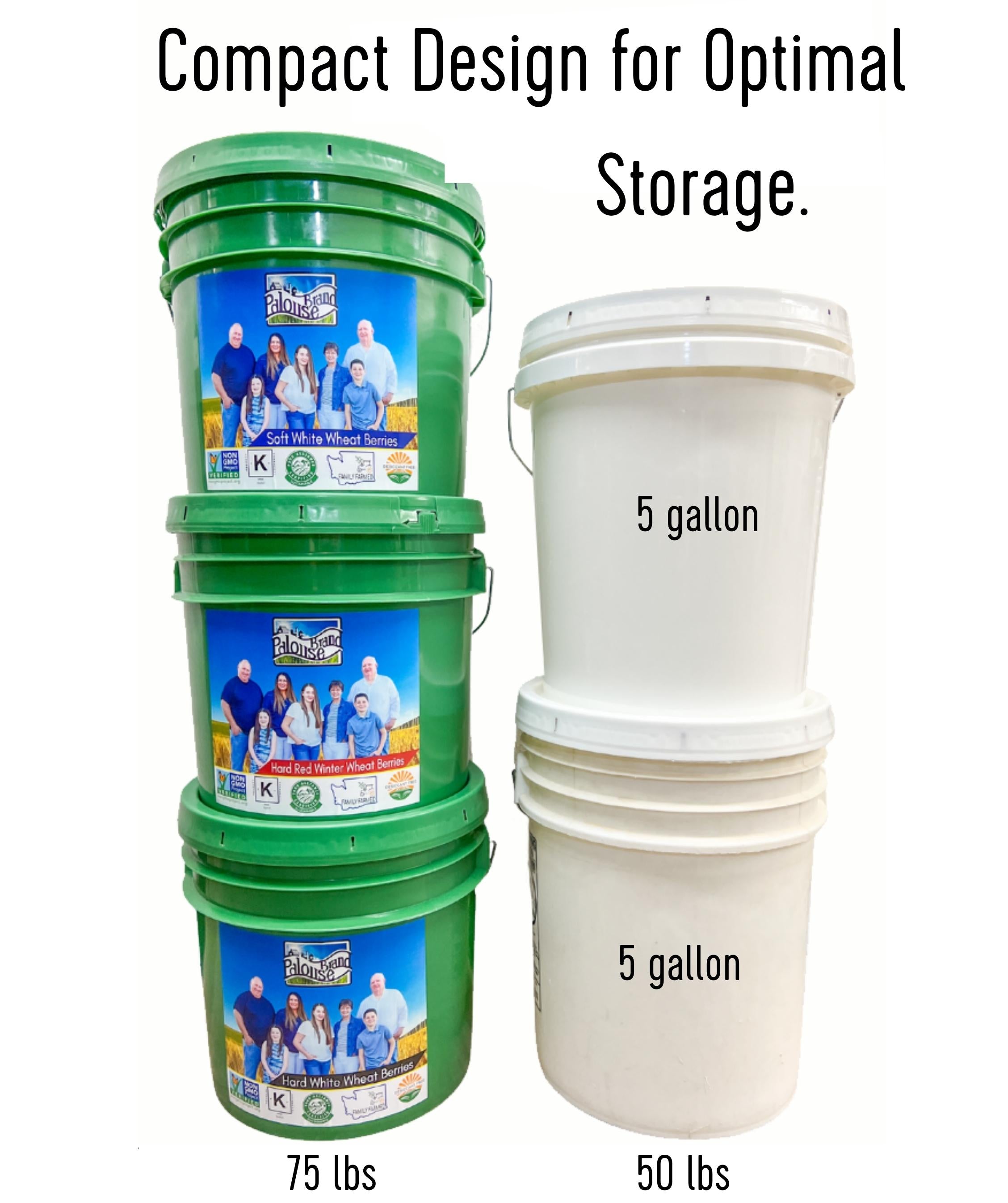 Stacked Palouse Brand wheat berry storage buckets at 75 lb compared to two stacked 5 gallon plastic buckets at 50 lb, with text 'Compact Design for Optimal Storage'