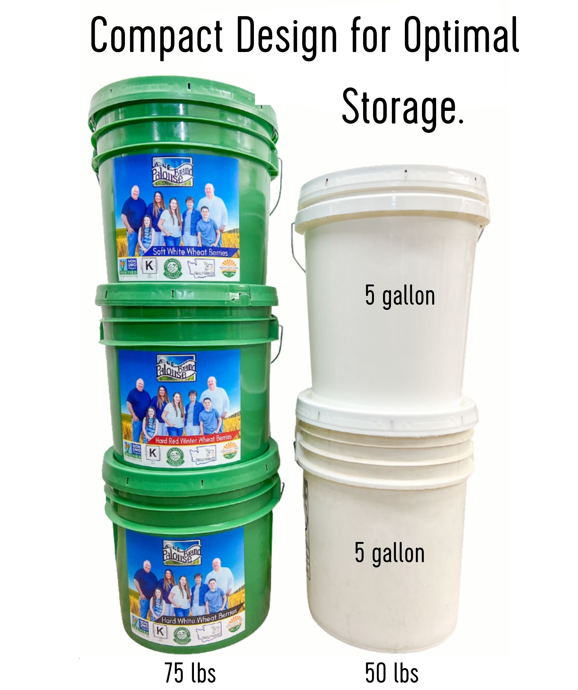 Stacked Palouse Brand wheat berry storage buckets at 75 lb compared to two stacked 5 gallon plastic buckets at 50 lb, with text 'Compact Design for Optimal Storage'