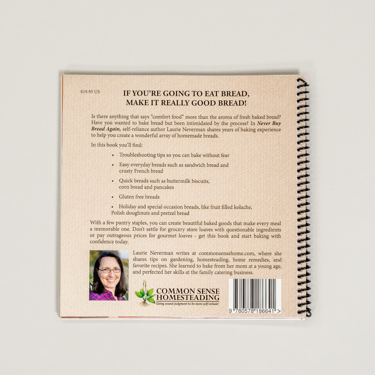 Back cover of a book with text and a author photo on a light background.