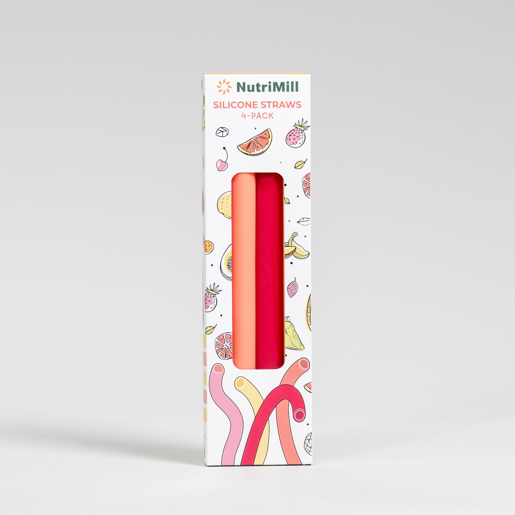 A pack of four silicone straws with a zipper lock closure, displayed in a colorful packaging with fruit illustrations.
