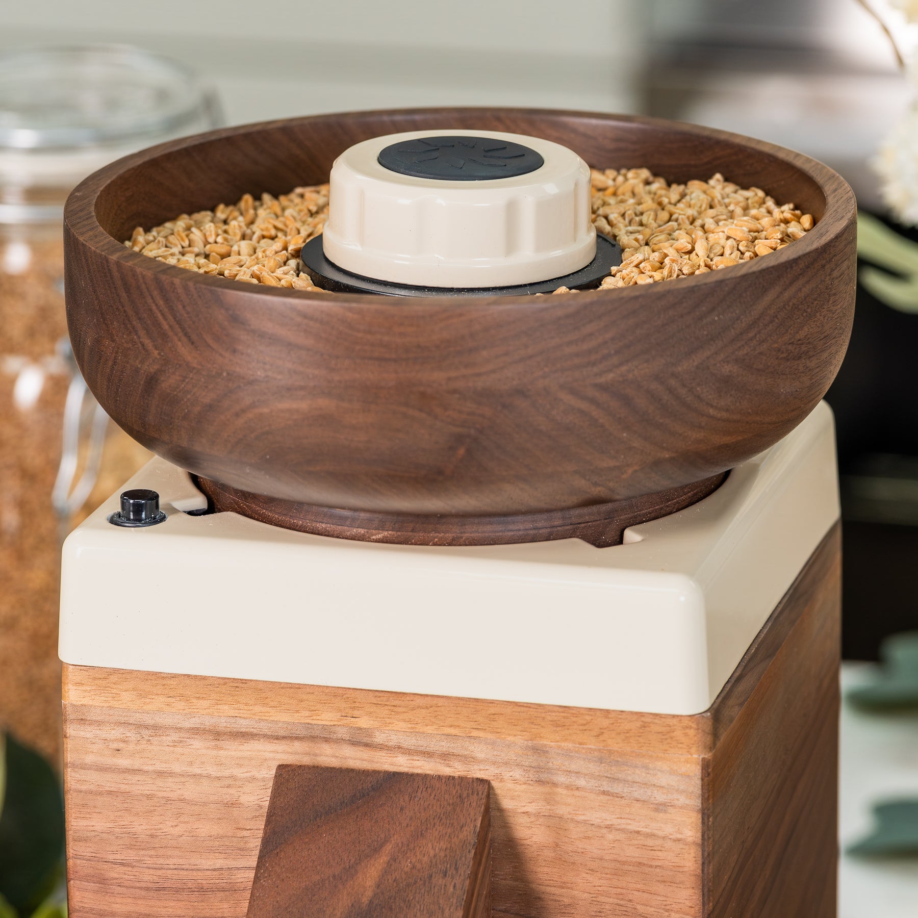 Close up of NutriMIll harvest walnut grain mill with cream-colored trim and knob with grains in its bowl on blurred background