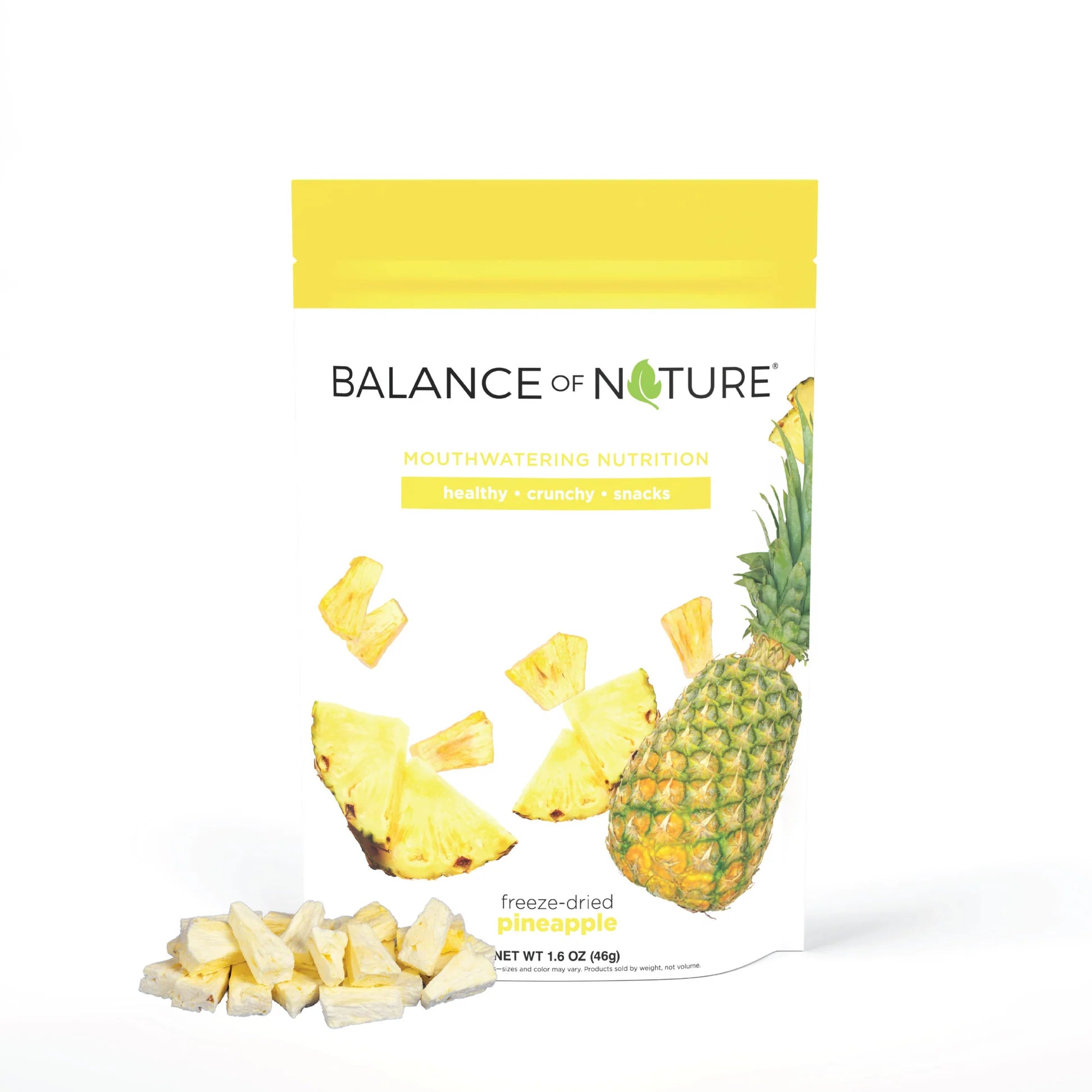 Front of a Balance of Nature freeze-dried pineapple pouch with pineapple illustrations and 1.6 oz net weight