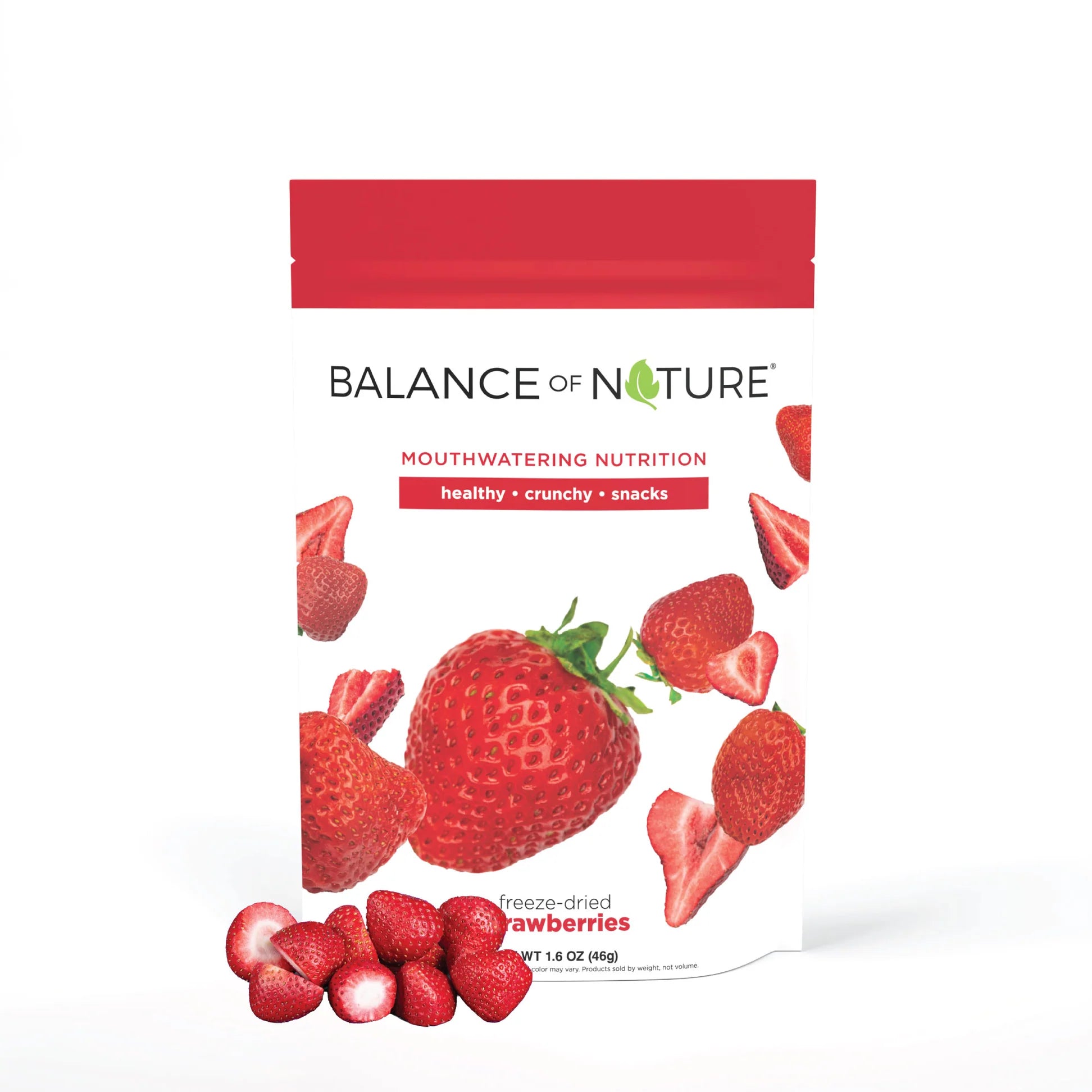 Front of a Balance of Nature freeze-dried strawberries pouch with strawberry illustrations and 1.6 oz net weight