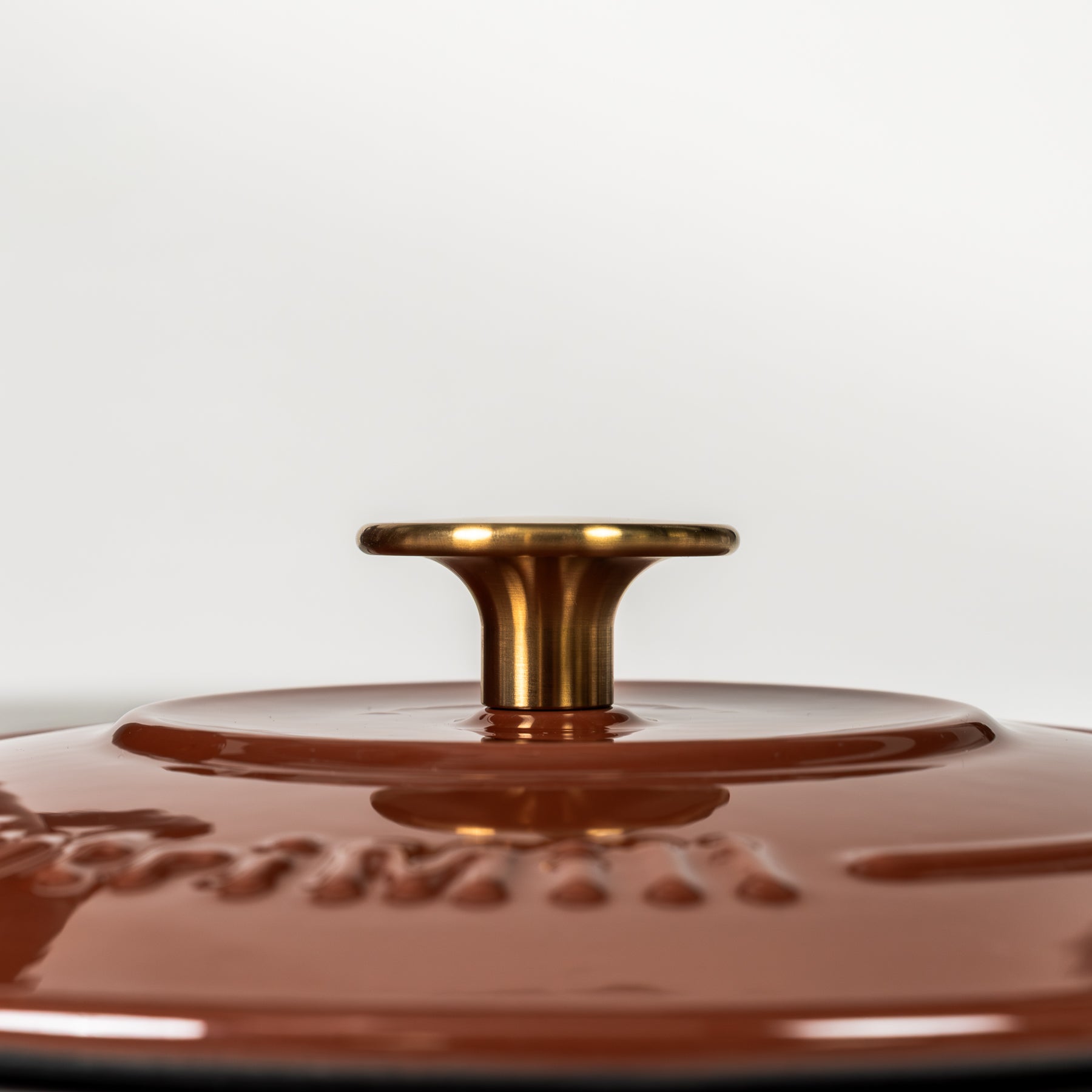 Close-up of a brown pot lid with a gold handle on a light gray background