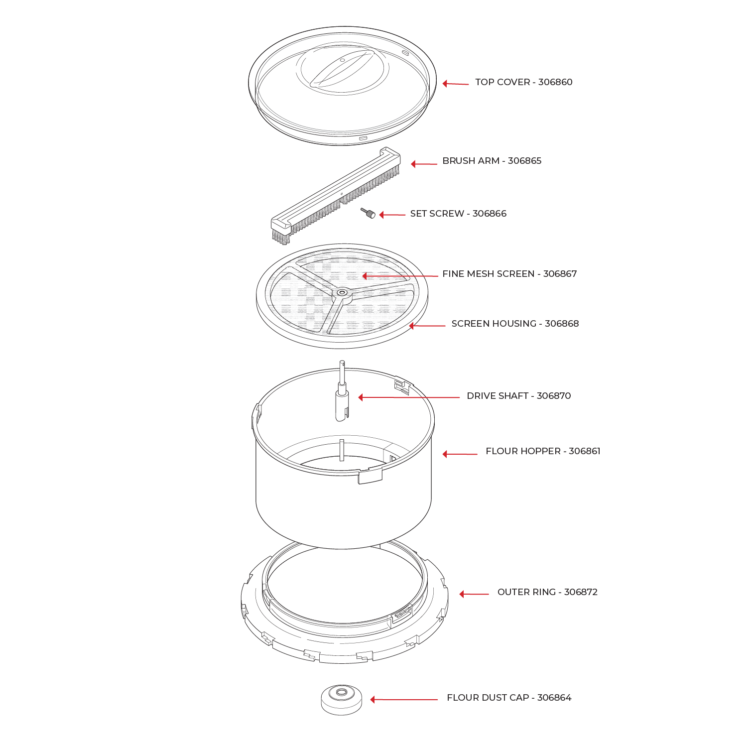 Flour Sifter Drive Shaft for Bowl Without Center Column