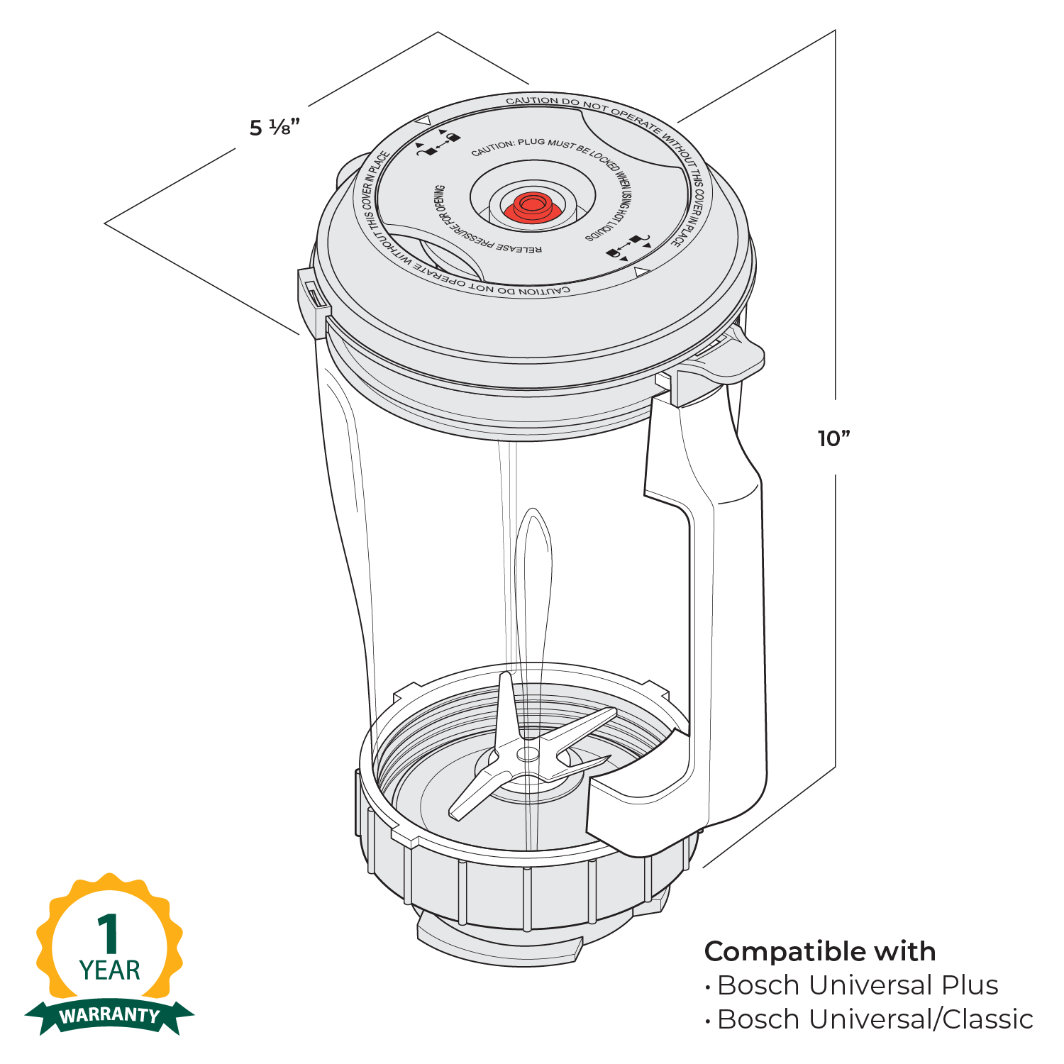 Technical drawing of a blender container with dimensions and compatibility information.