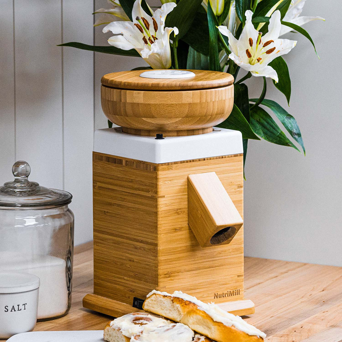 NutriMill Harvest Grain Mill - White | Bamboo Body