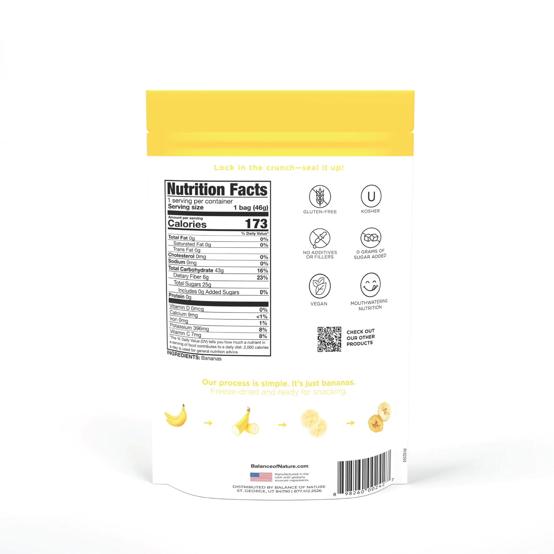 Back of a Balance of Nature freeze-dried bananas pouch with Nutrition Facts, gluten-free, kosher, vegan, and no additives certifications