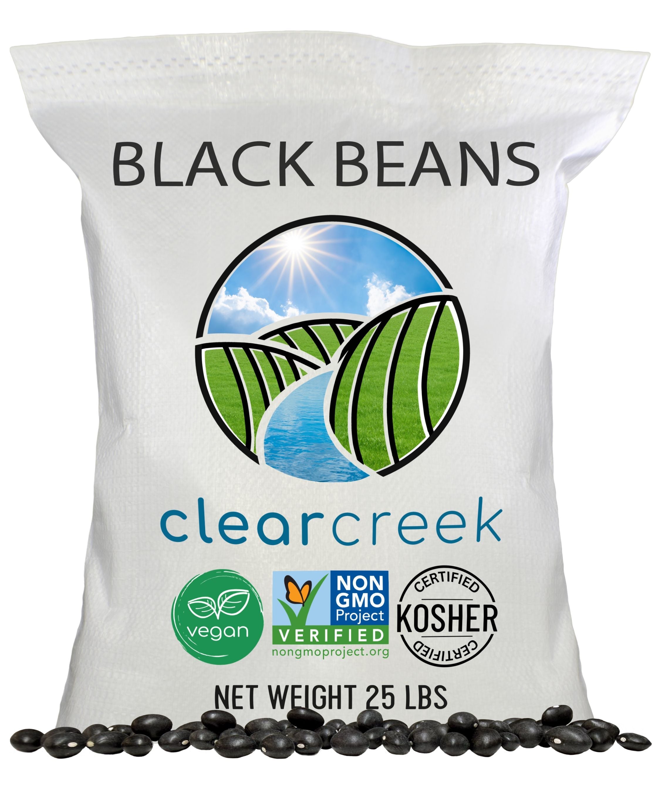 Front of a Clear Creek Black Beans 25 lb bag with vegan, Non-GMO Project Verified, and Certified Kosher seals on a white background