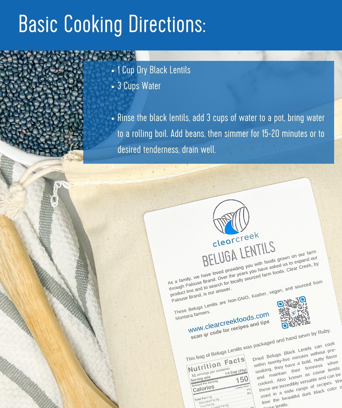 Clear Creek Black Beluga Lentils basic cooking directions card with a bowl of dry lentils and a fabric product bag