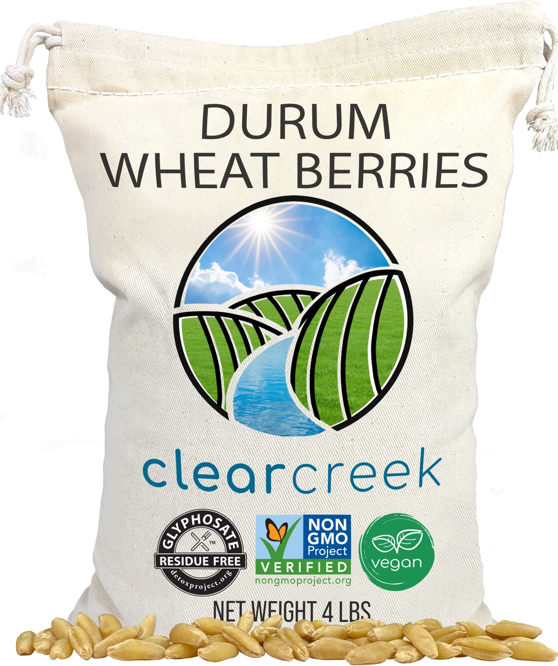 Clear Creek Durum Wheat Berries 4 LB drawstring fabric bag with Glyphosate Residue Free, Non-GMO Project Verified, and vegan certifications