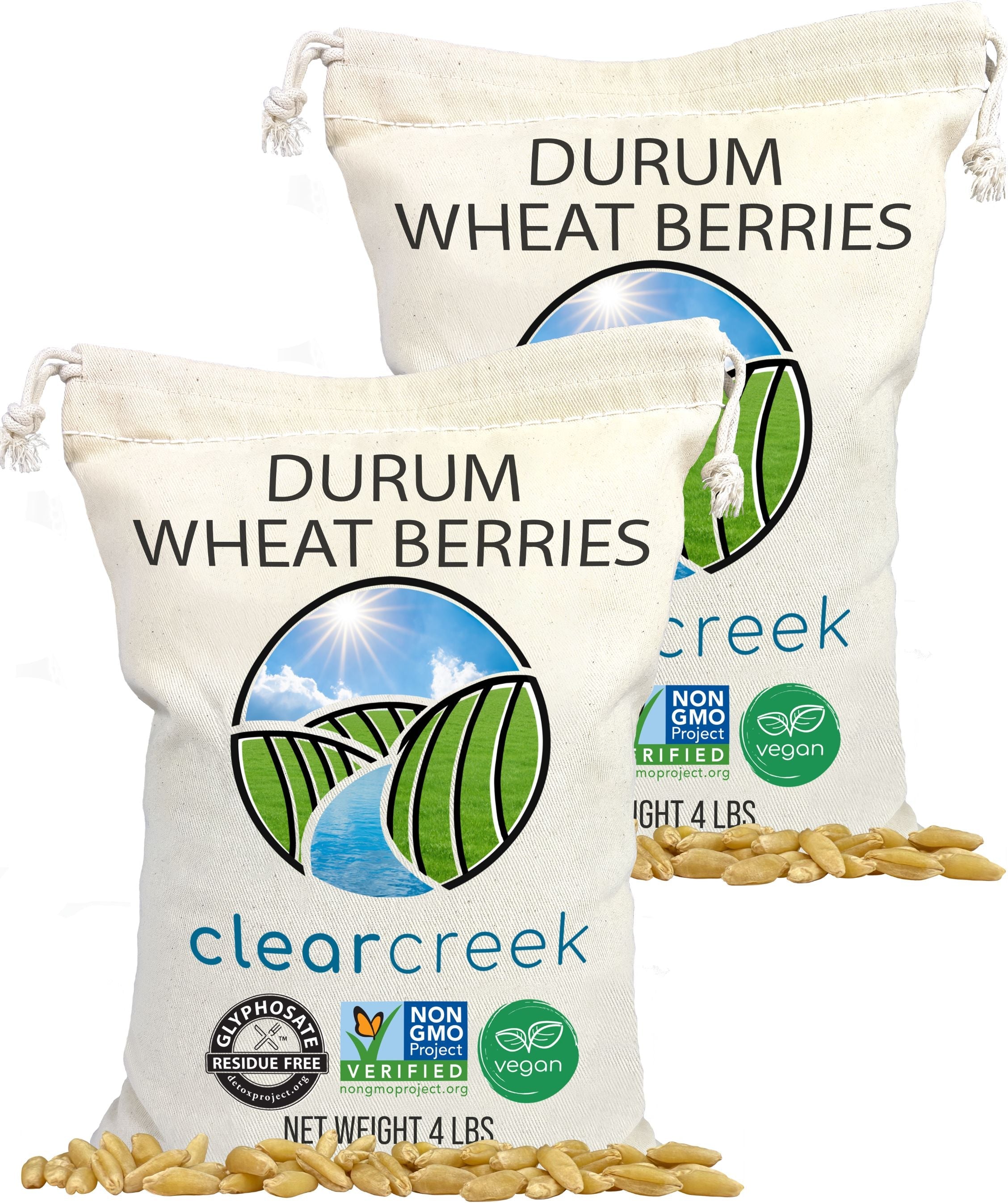 Two Clear Creek Durum Wheat Berries 4 LB drawstring fabric bags with Non-GMO Project Verified, vegan, and Glyphosate Residue Free certifications
